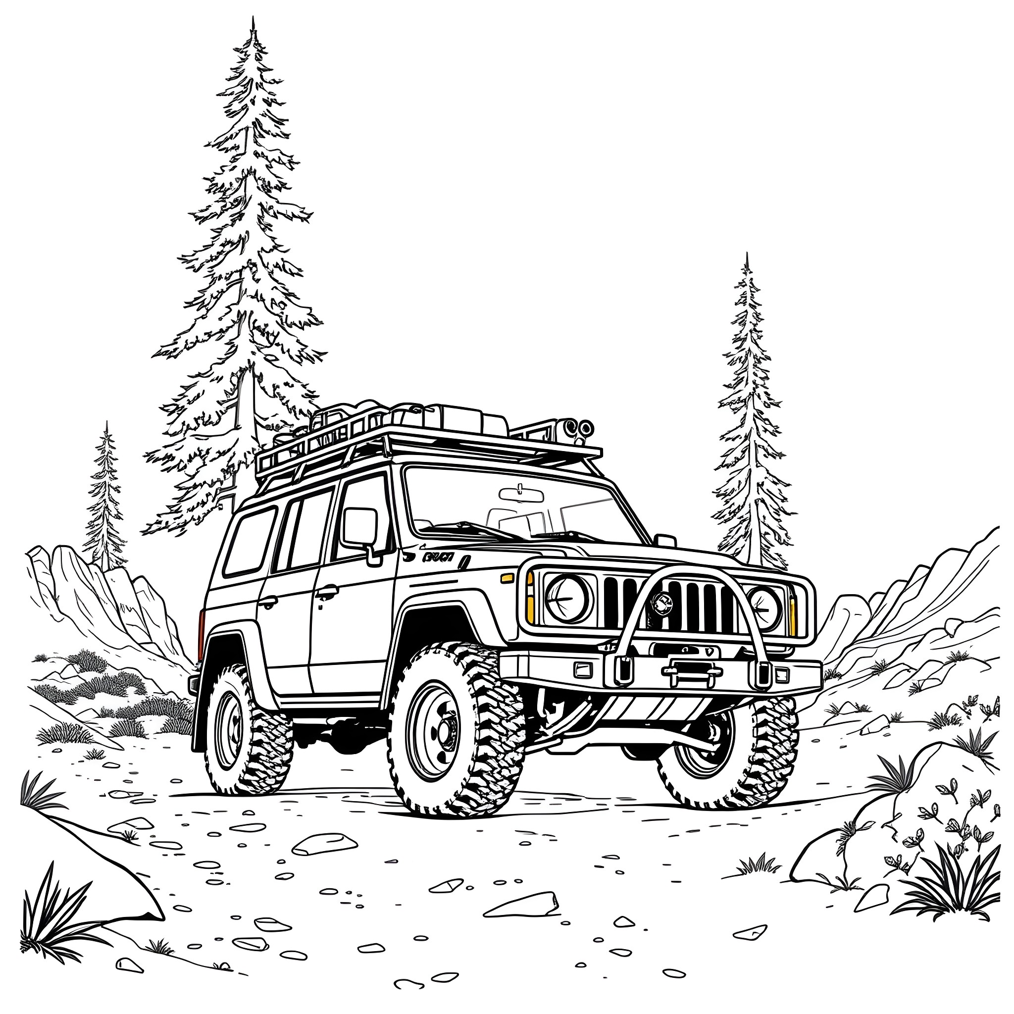 Utility Vehicle Navigating through Rugged Terrain Coloring Page (free black-and-white line drawing printable PDF for all, from beginners to advanced learners, including children, teens, adults, and seniors)