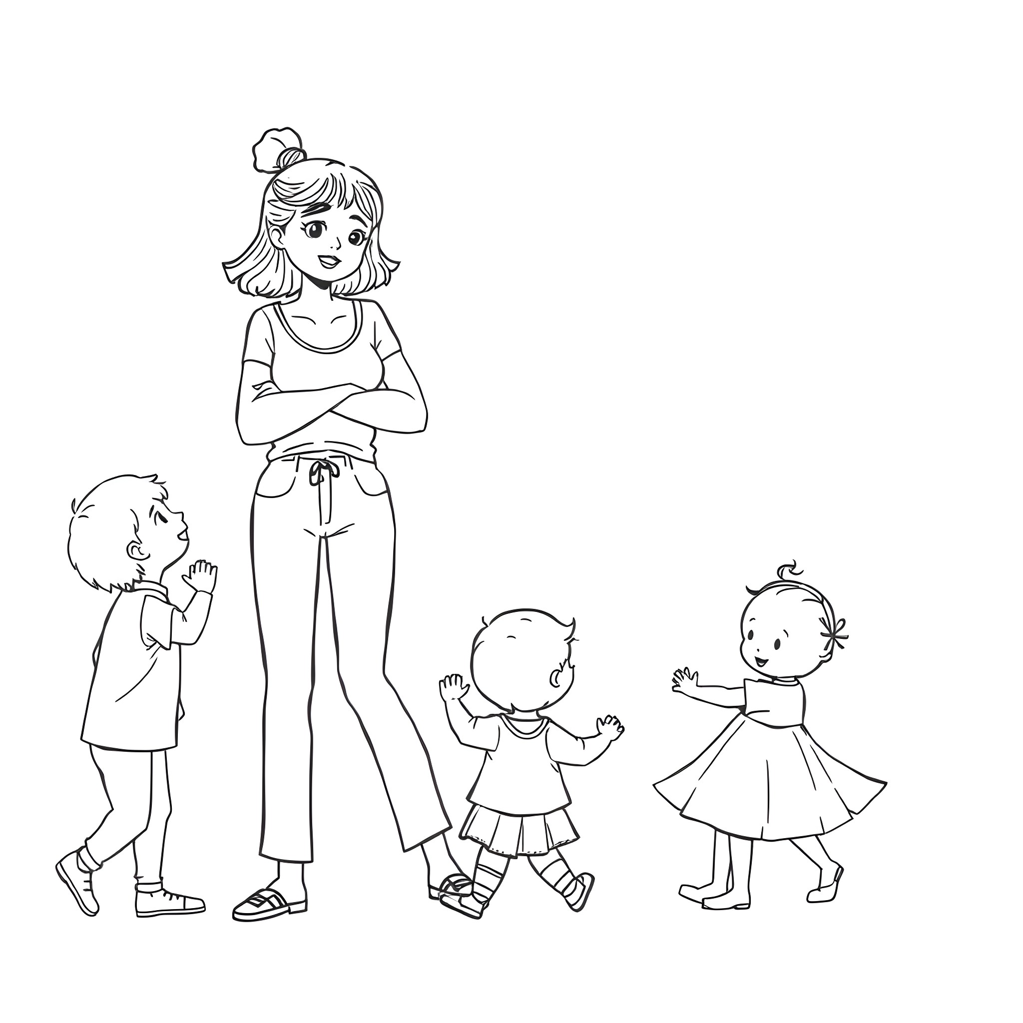 Mother with Children Playing in the Park Coloring Page (free black-and-white line drawing printable PDF for all, from beginners to advanced learners, including children, teens, adults, and seniors)