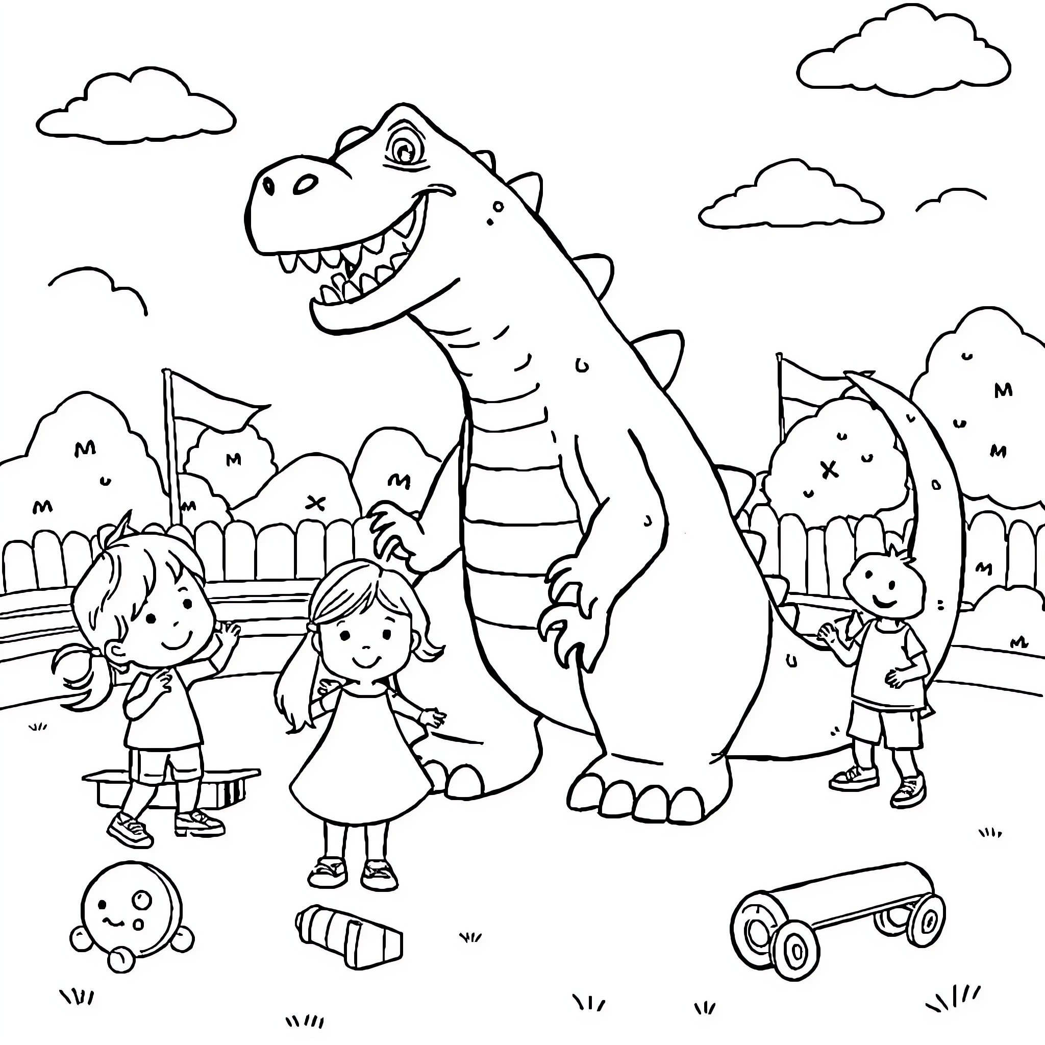 Godzilla playing with children in the park Coloring Page (free black-and-white line drawing printable PDF for all, from beginners to advanced learners, including children, teens, adults, and seniors)