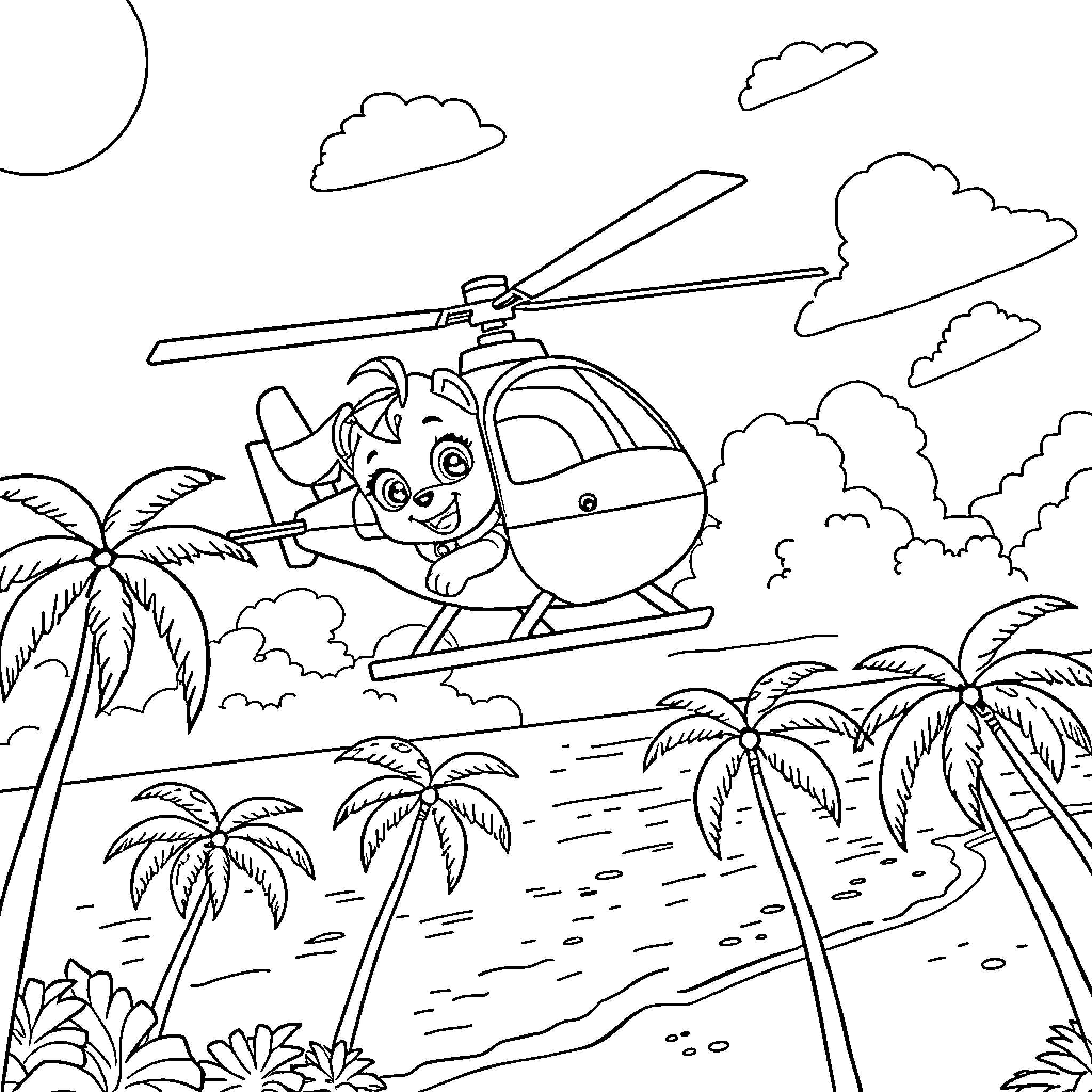 Skye's Helicopter Adventure in the Tropical Landscape Coloring Page (free black-and-white line drawing printable PDF for all, from beginners to advanced learners, including children, teens, adults, and seniors)