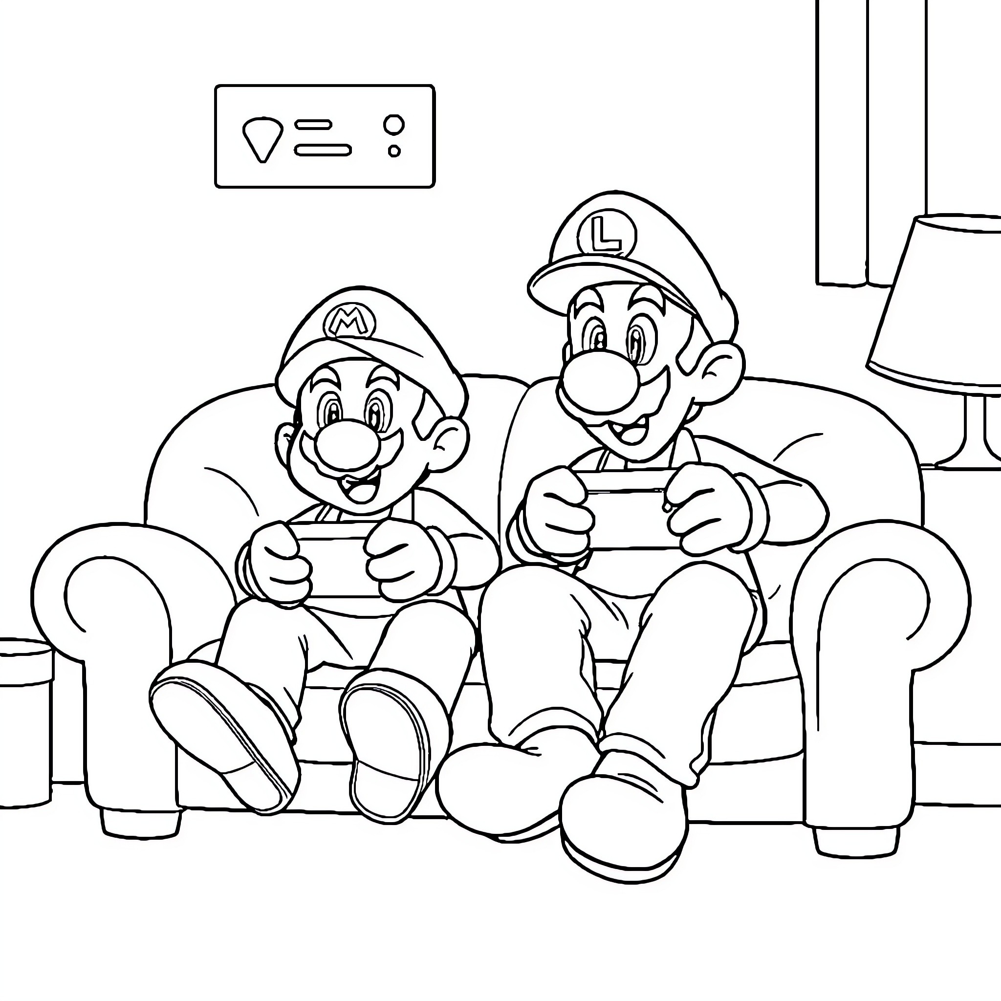 Mario and Luigi playing video games together Coloring Page (free black-and-white line drawing printable PDF for all, from beginners to advanced learners, including children, teens, adults, and seniors)