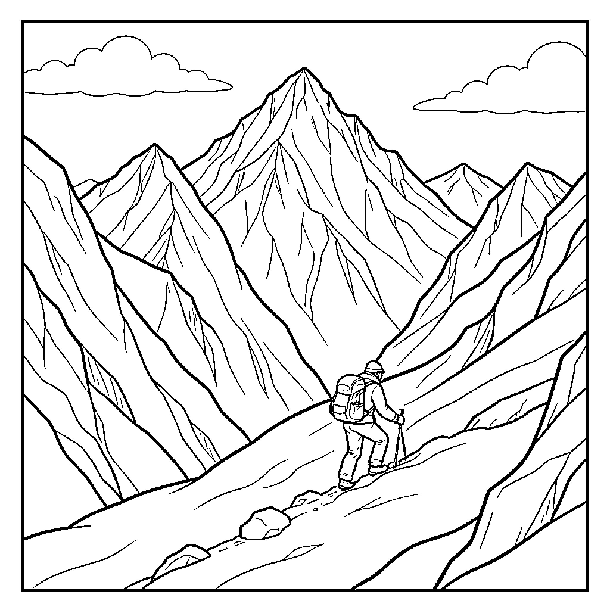 Tourist hiking through majestic mountain landscape Coloring Page (free black-and-white line drawing printable PDF for all, from beginners to advanced learners, including children, teens, adults, and seniors)