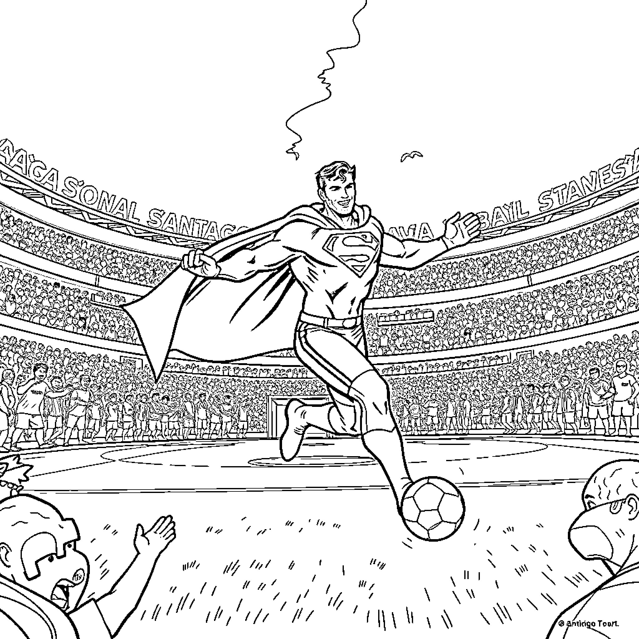 Superman showcasing heroic strength and speed in a soccer stadium Coloring Page (free black-and-white line drawing printable PDF for all, from beginners to advanced learners, including children, teens, adults, and seniors)
