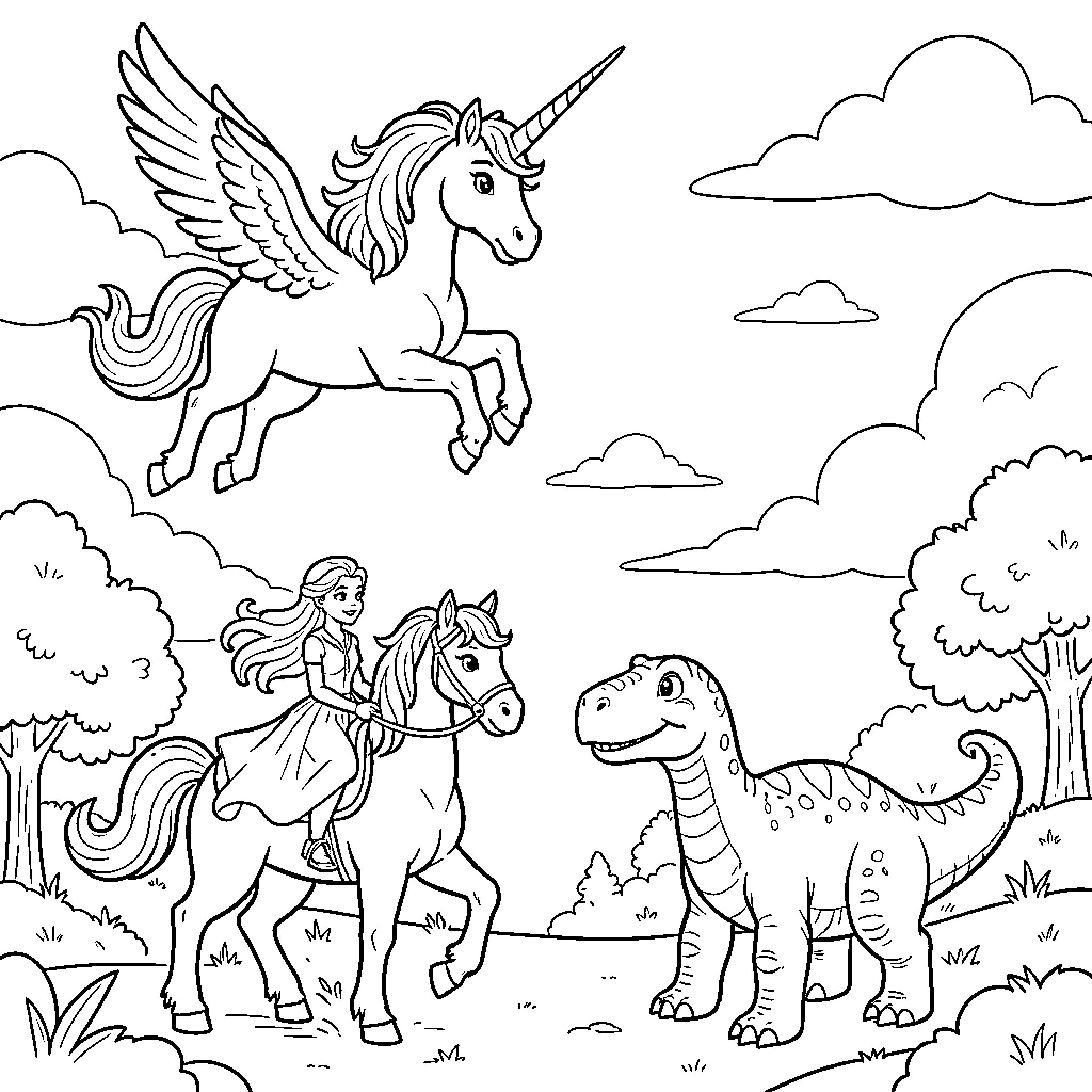 Unicorn soaring above enchanted fantasy landscape Coloring Page (free black-and-white line drawing printable PDF for all, from beginners to advanced learners, including children, teens, adults, and seniors)
