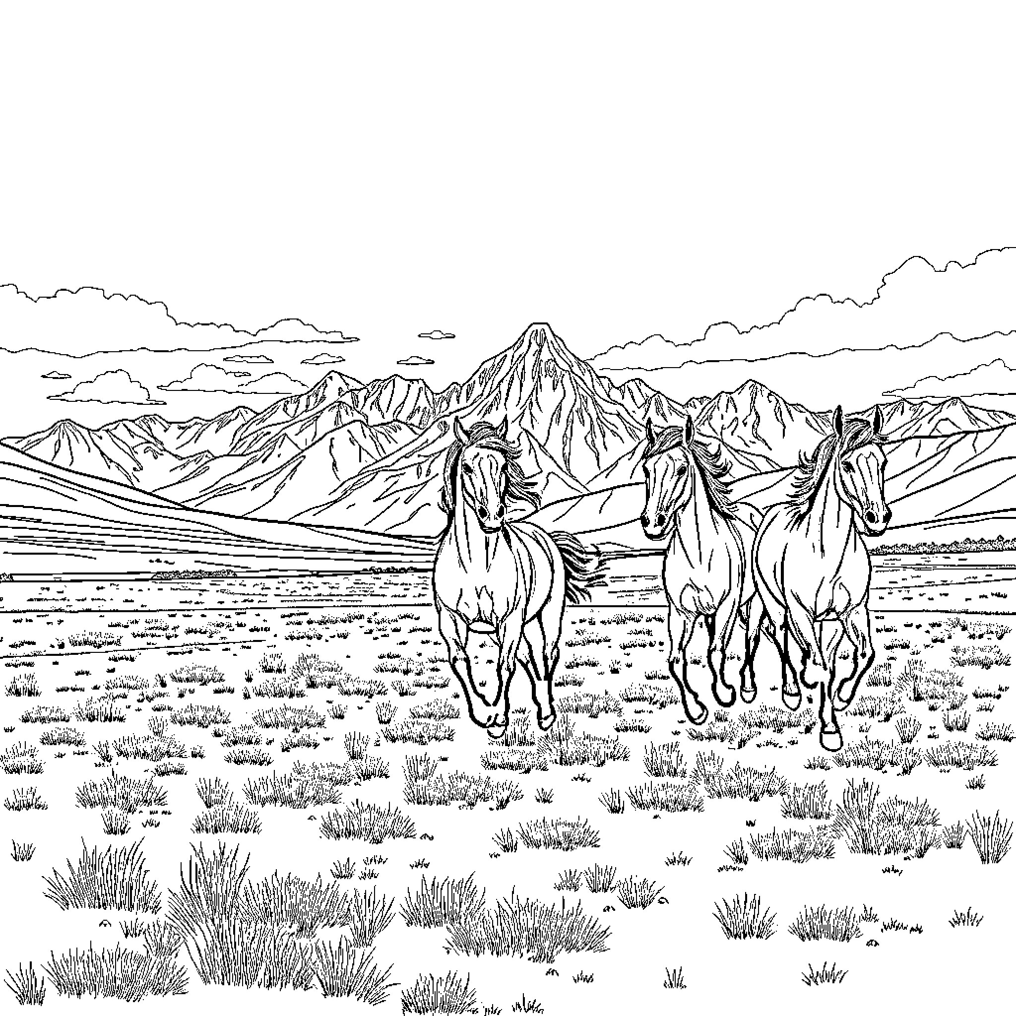 Horses galloping freely in a majestic mountain landscape Coloring Page (free black-and-white line drawing printable PDF for all, from beginners to advanced learners, including children, teens, adults, and seniors)
