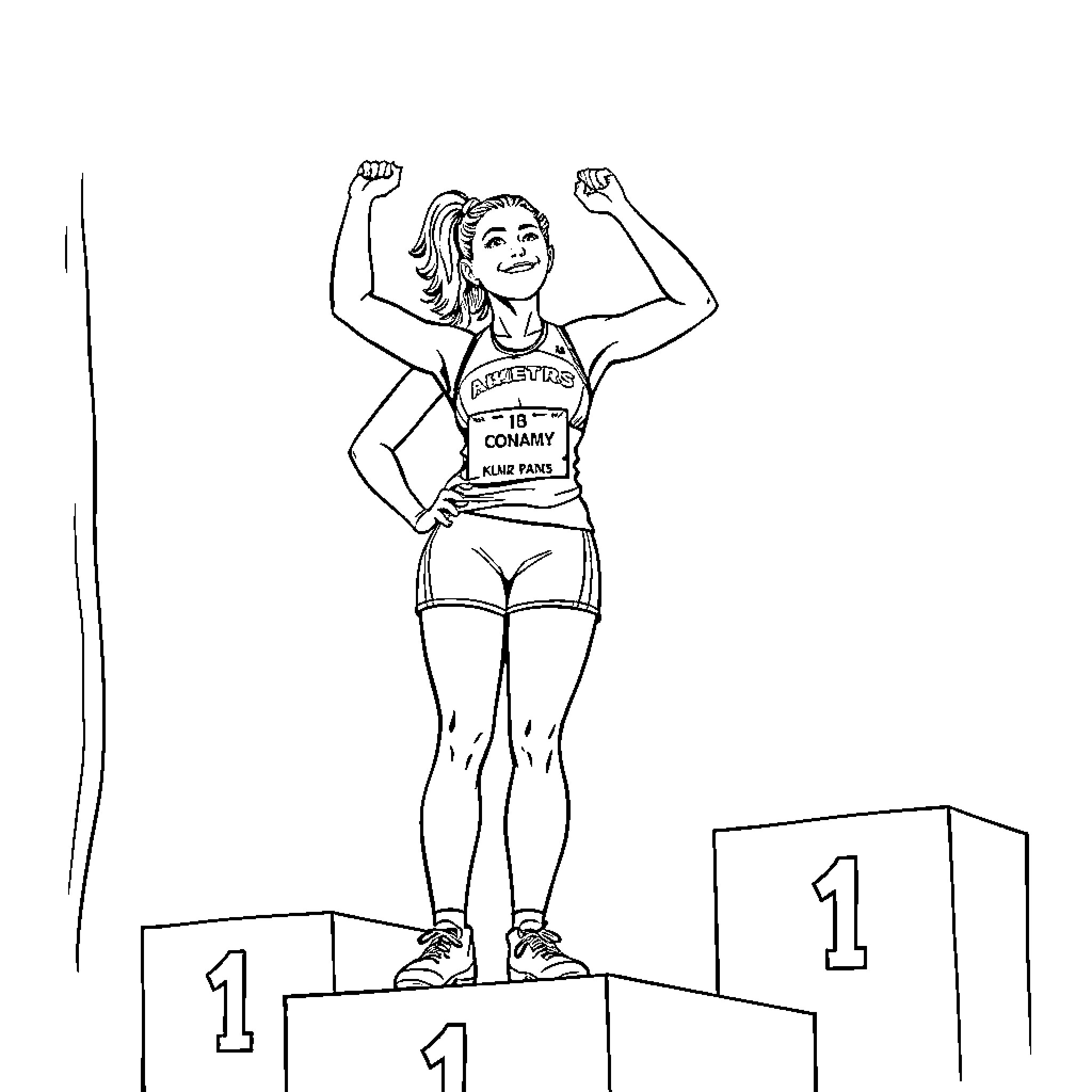 Tia Clair Toomey celebrating victory on a podium Coloring Page (free black-and-white line drawing printable PDF for all, from beginners to advanced learners, including children, teens, adults, and seniors)