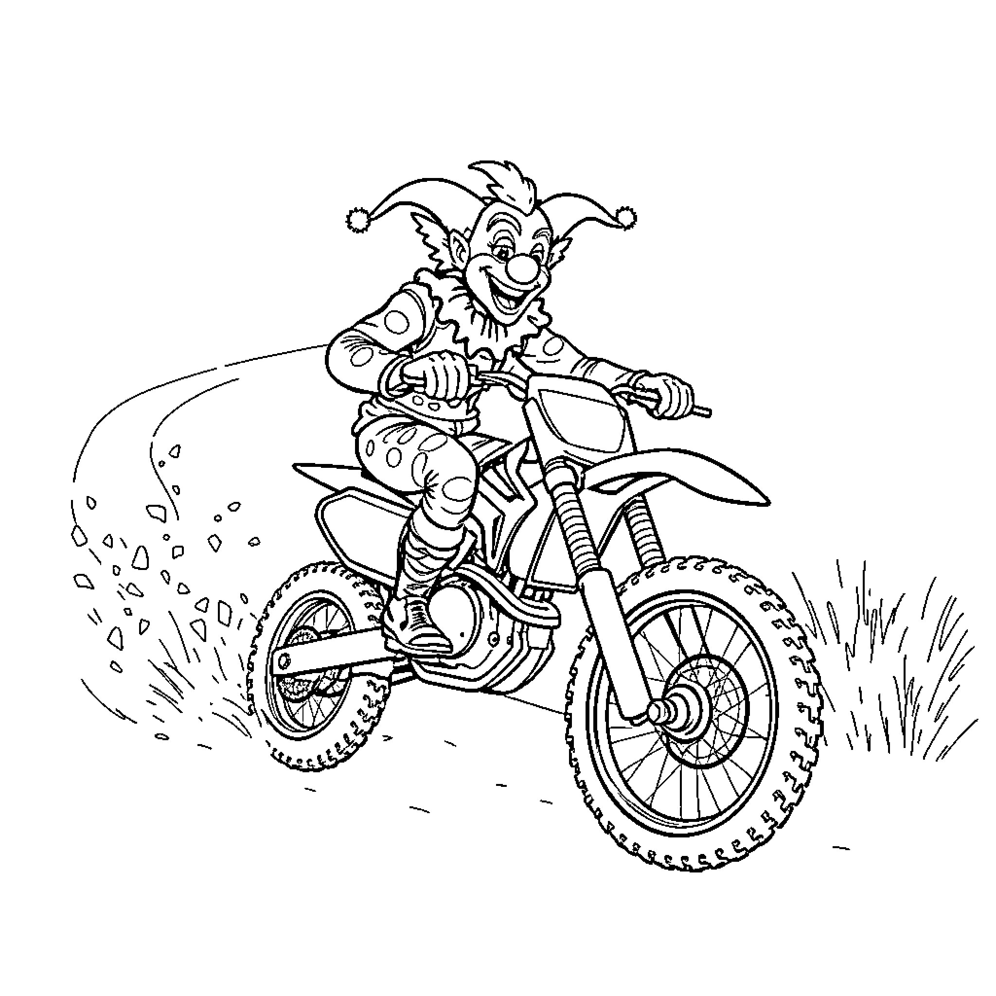 Art The Clown Rides Motorcycle with Joy Coloring Page (free black-and-white line drawing printable PDF for all, from beginners to advanced learners, including children, teens, adults, and seniors)