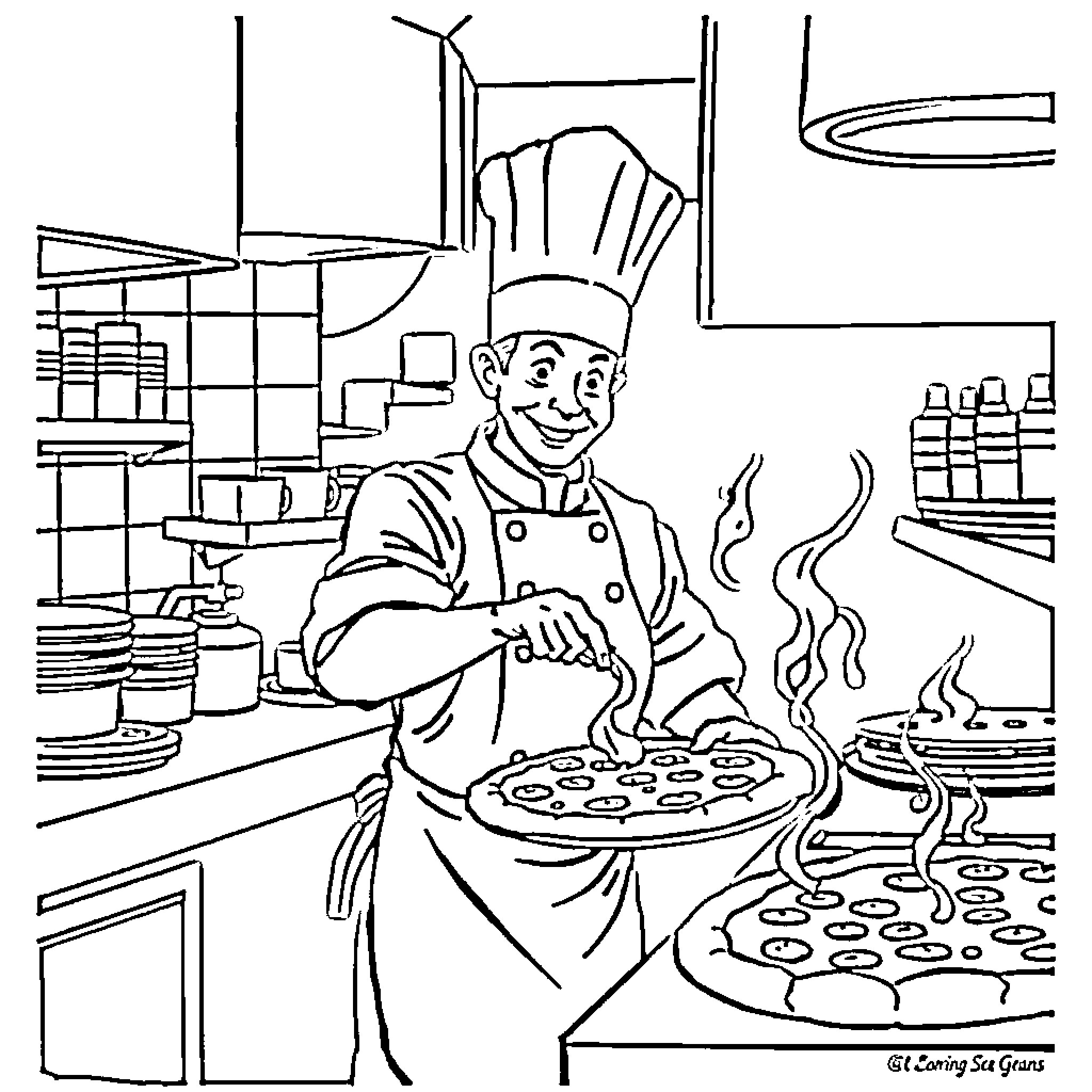 Pizza Chef Preparing Delicious Pizzas in the Kitchen Coloring Page (free black-and-white line drawing printable PDF for all, from beginners to advanced learners, including children, teens, adults, and seniors)
