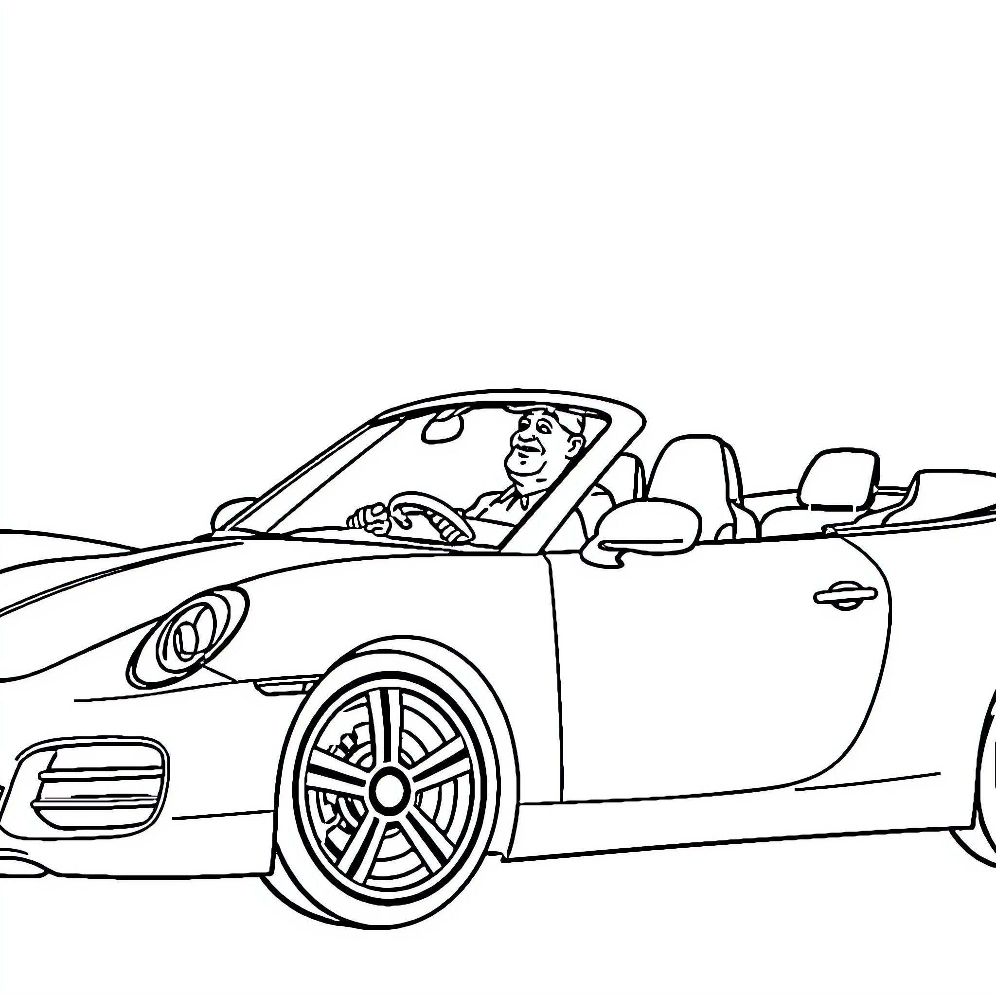 Dad driving convertible sports car on sunny day Coloring Page (free black-and-white line drawing printable PDF for all, from beginners to advanced learners, including children, teens, adults, and seniors)