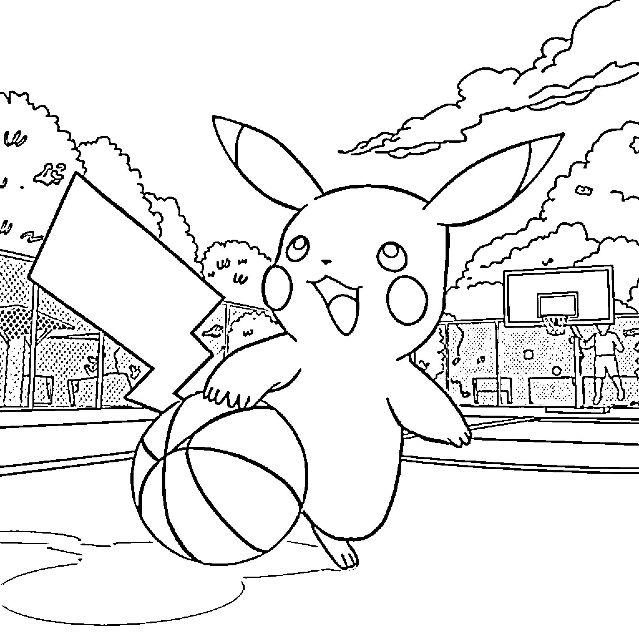 Pikachu playing with a basketball in the city Coloring Page (free black-and-white line drawing printable PDF for all, from beginners to advanced learners, including children, teens, adults, and seniors)