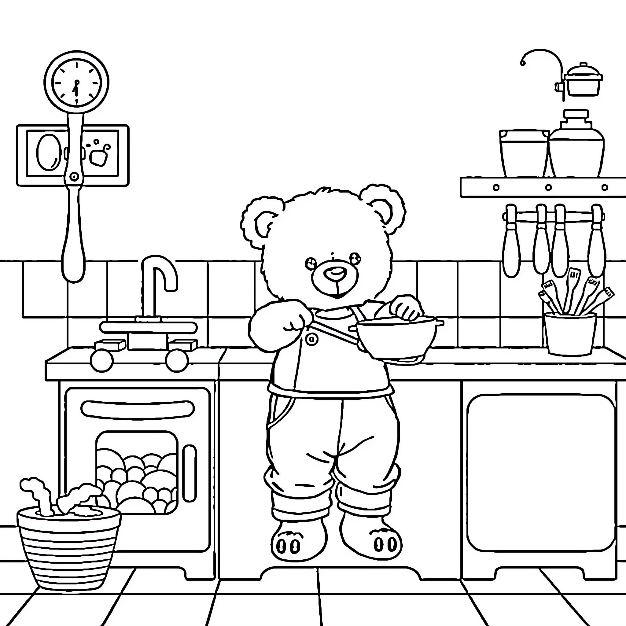 Teddy Bear Cooking in the Kitchen Coloring Page (free black-and-white line drawing printable PDF for all, from beginners to advanced learners, including children, teens, adults, and seniors)