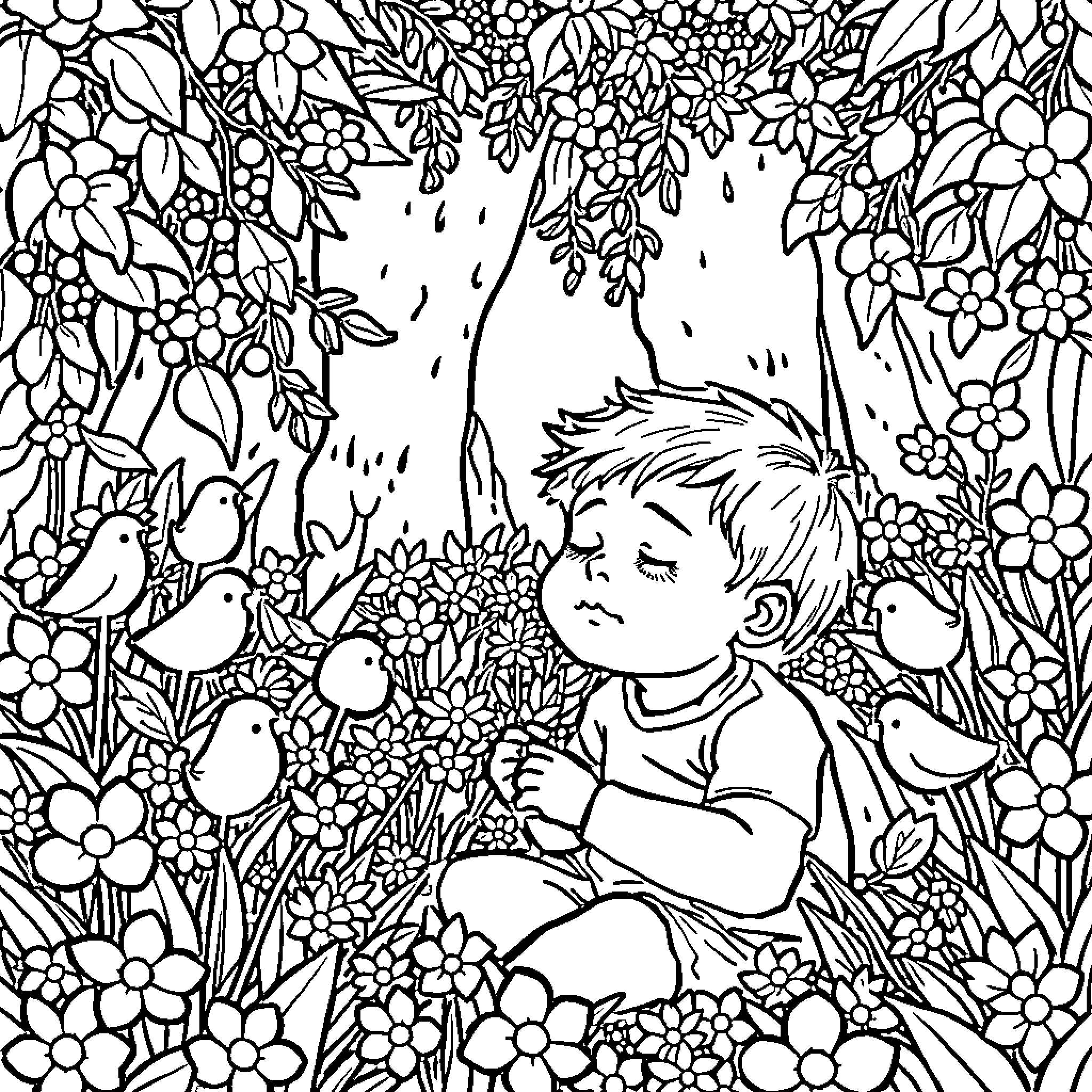 Niño exploring the lush floral garden Coloring Page (free black-and-white line drawing printable PDF for all, from beginners to advanced learners, including children, teens, adults, and seniors)