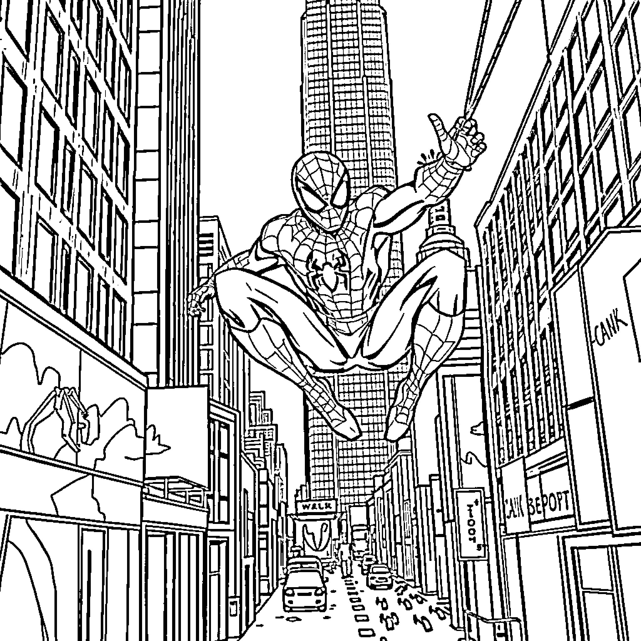 Spiderman swinging through the city skyline Coloring Page (free black-and-white line drawing printable PDF for all, from beginners to advanced learners, including children, teens, adults, and seniors)