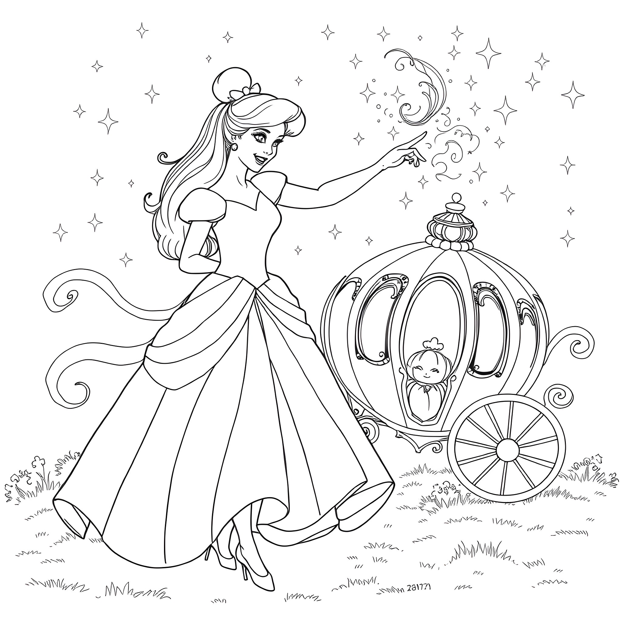 Cinderella's Magical Transformation Coloring Page (free black-and-white line drawing printable PDF for all, from beginners to advanced learners, including children, teens, adults, and seniors)
