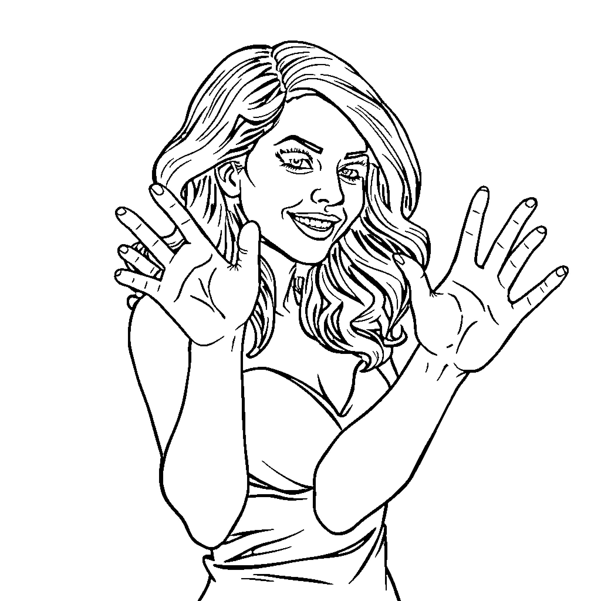 Sarah Michelle Gellar striking a pose Coloring Page (free black-and-white line drawing printable PDF for all, from beginners to advanced learners, including children, teens, adults, and seniors)