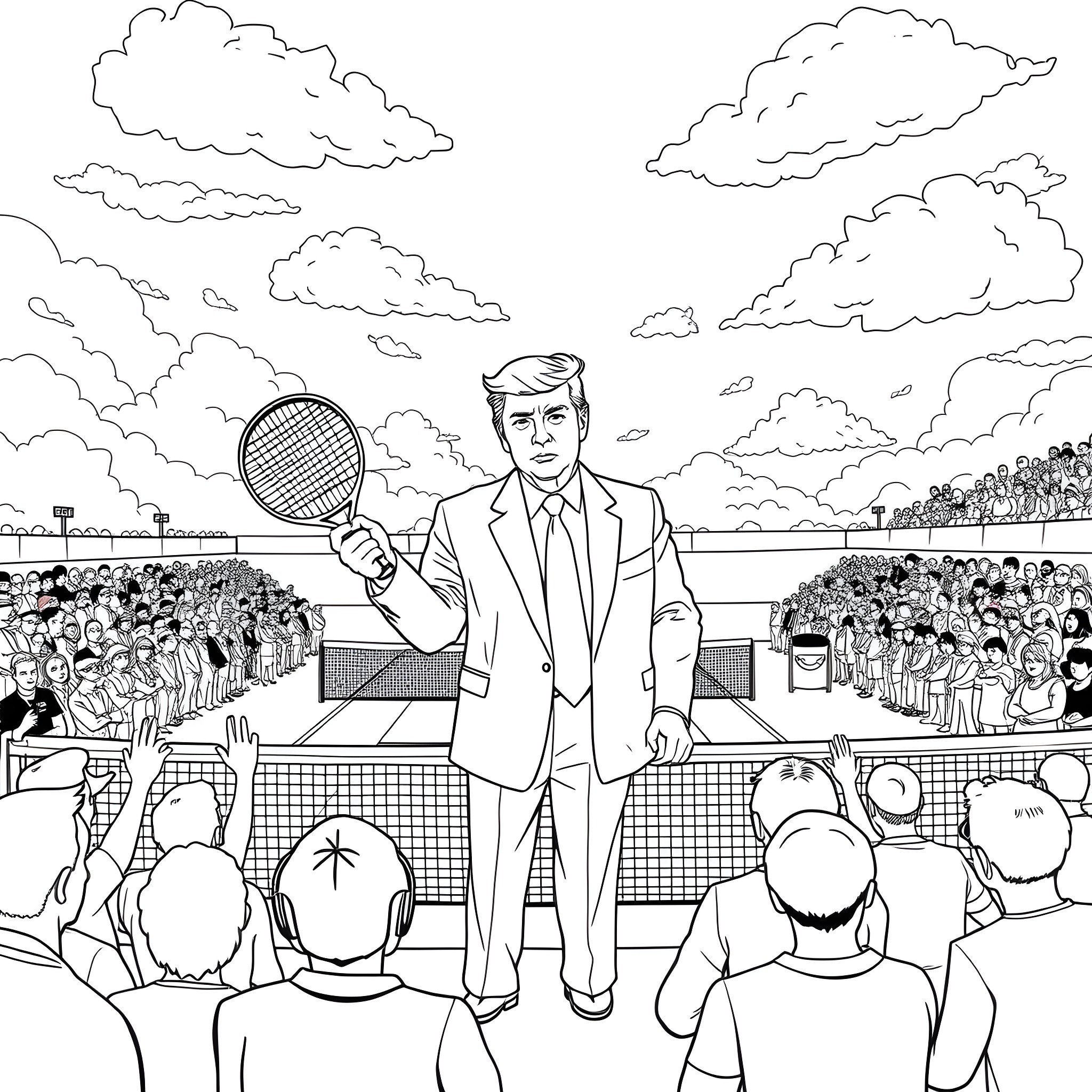 Donald Trump playing tennis on a grand court Coloring Page (free black-and-white line drawing printable PDF for all, from beginners to advanced learners, including children, teens, adults, and seniors)