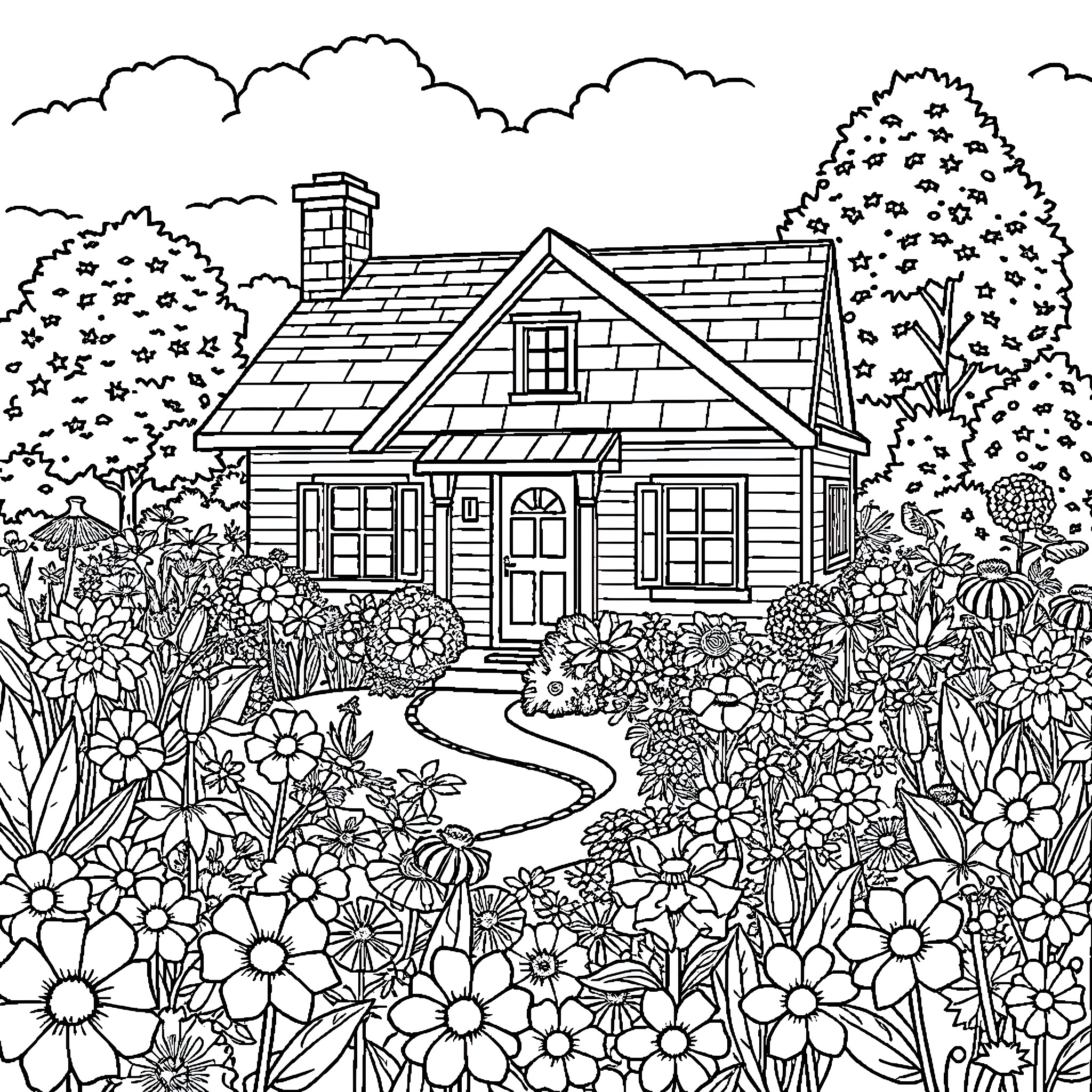 House surrounded by beautiful flowering garden Coloring Page (free black-and-white line drawing printable PDF for all, from beginners to advanced learners, including children, teens, adults, and seniors)