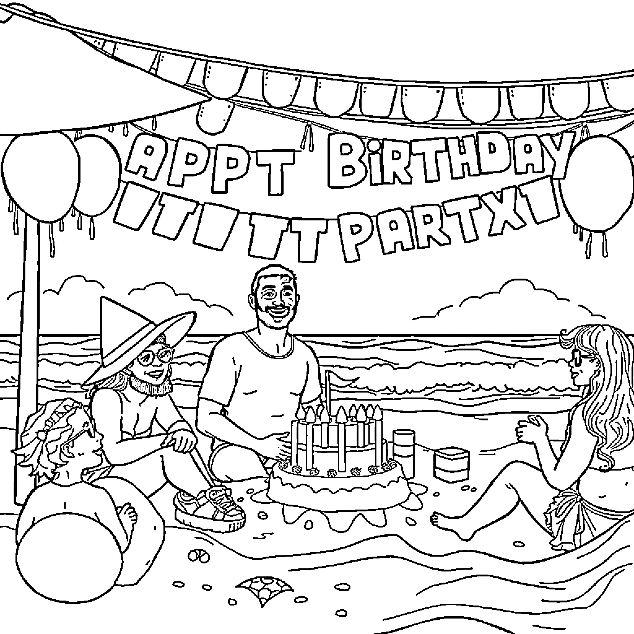 Jey Uso's Happy Birthday Party at the Beach Coloring Page (free black-and-white line drawing printable PDF for all, from beginners to advanced learners, including children, teens, adults, and seniors)