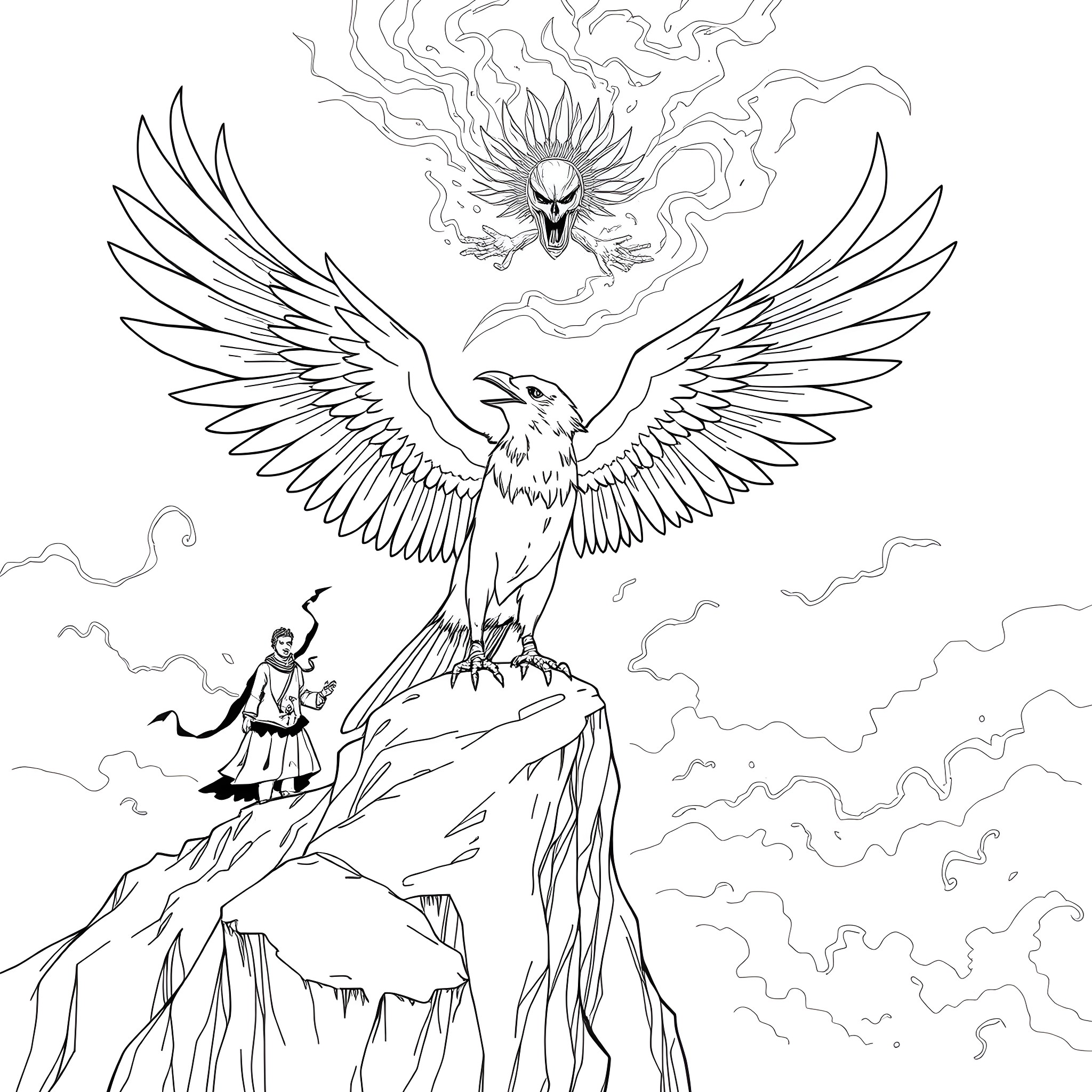 Thunderbird soaring with a figure in the clouds Coloring Page (free black-and-white line drawing printable PDF for all, from beginners to advanced learners, including children, teens, adults, and seniors)