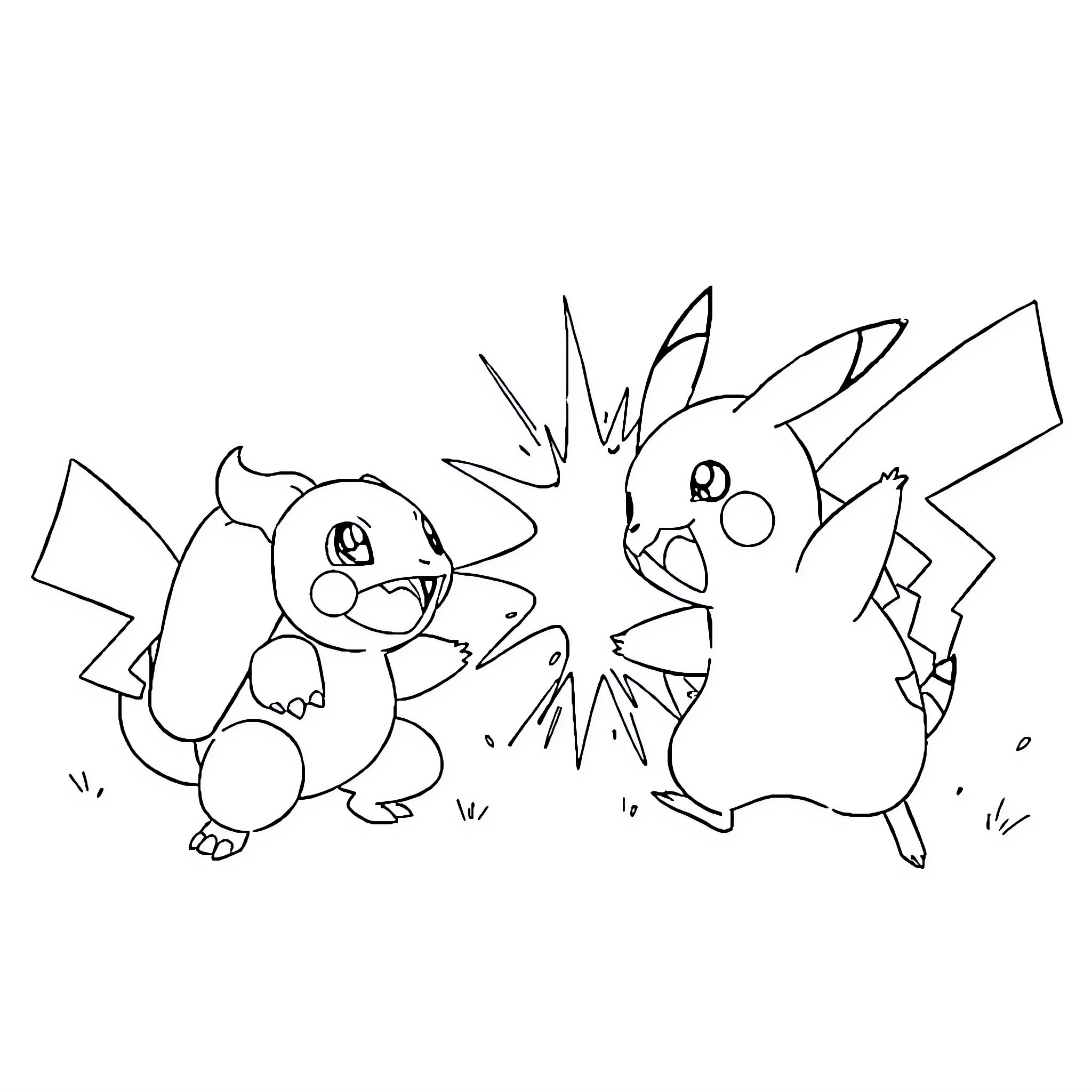 Pikachu engaging in playful interaction Coloring Page (free black-and-white line drawing printable PDF for all, from beginners to advanced learners, including children, teens, adults, and seniors)