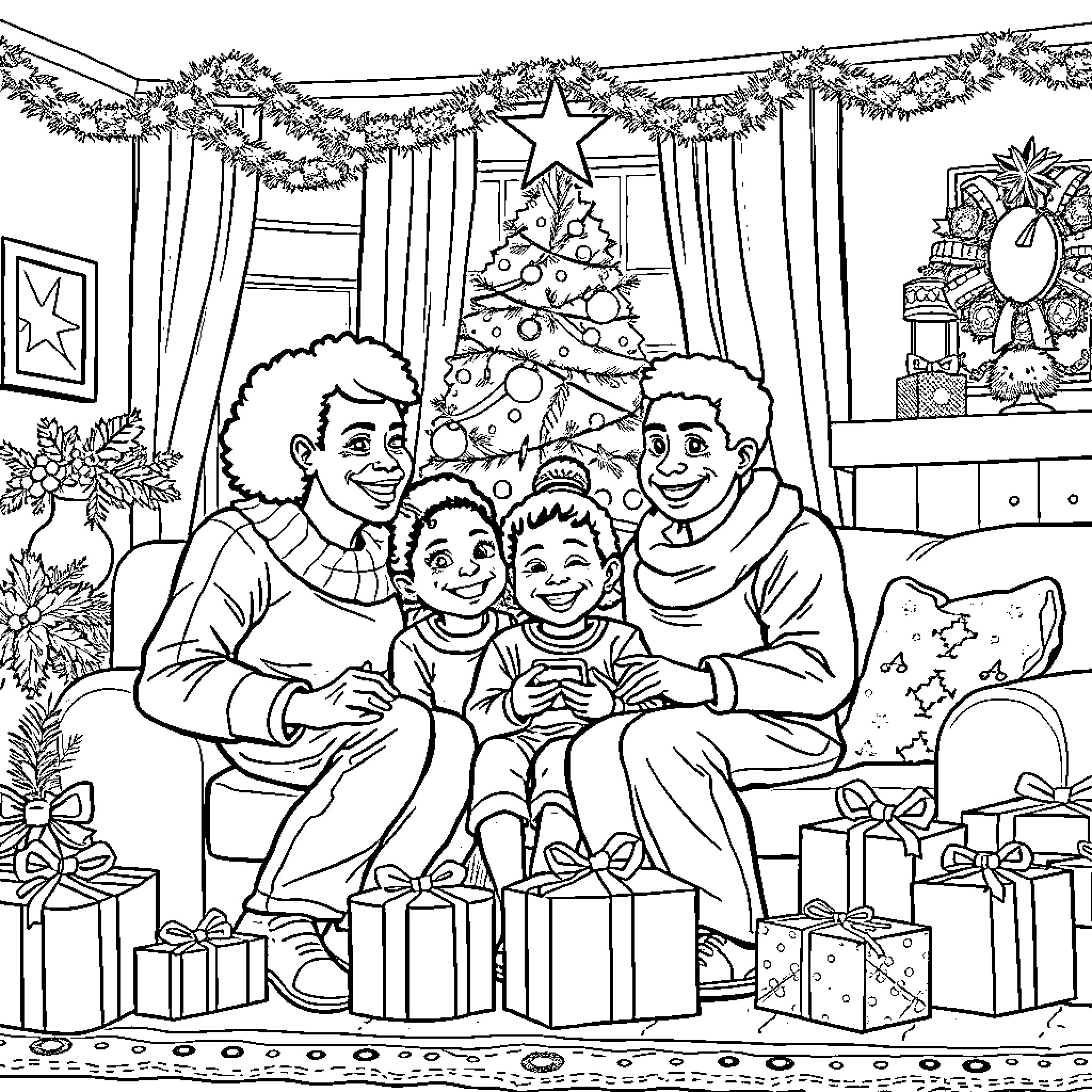 Family Celebrating Christmas Together at Home Coloring Page (free black-and-white line drawing printable PDF for all, from beginners to advanced learners, including children, teens, adults, and seniors)