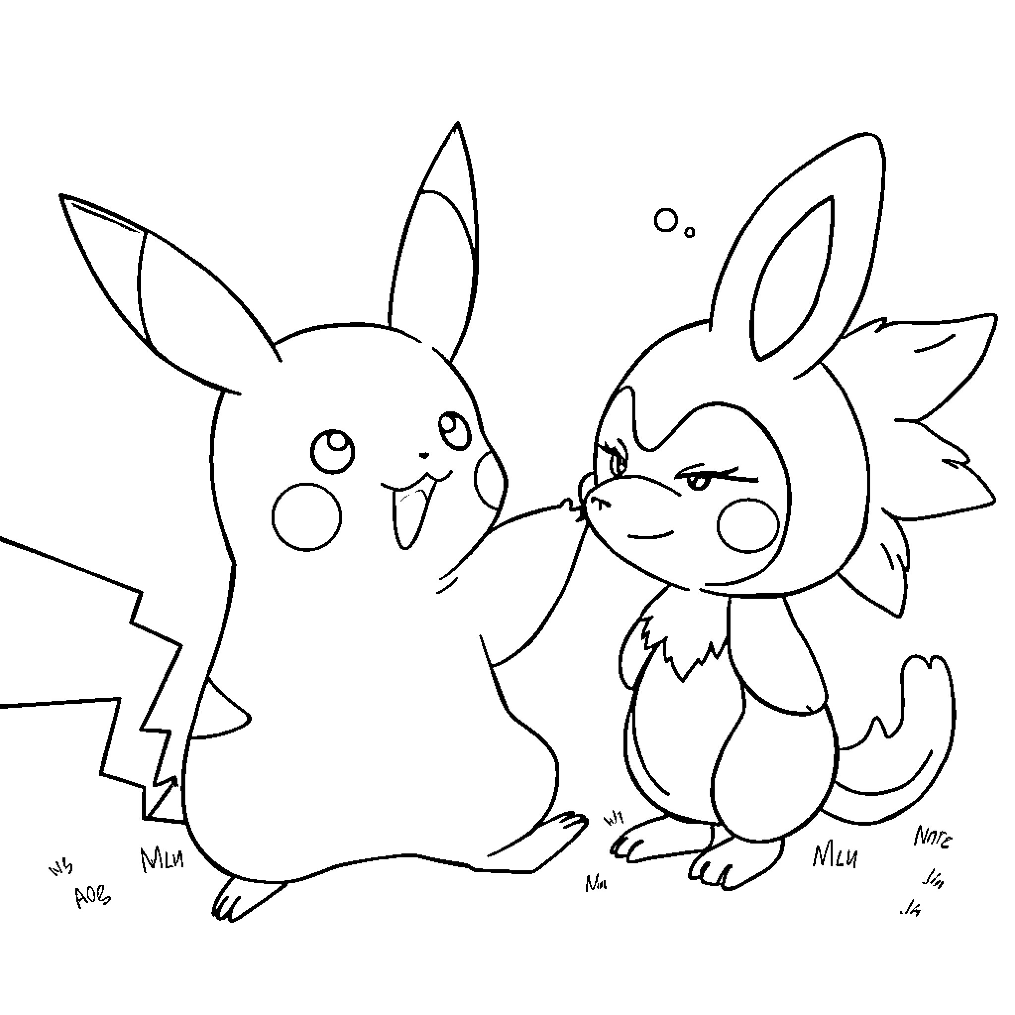 Pikachu and Eevee interacting playfully Coloring Page (free black-and-white line drawing printable PDF for all, from beginners to advanced learners, including children, teens, adults, and seniors)
