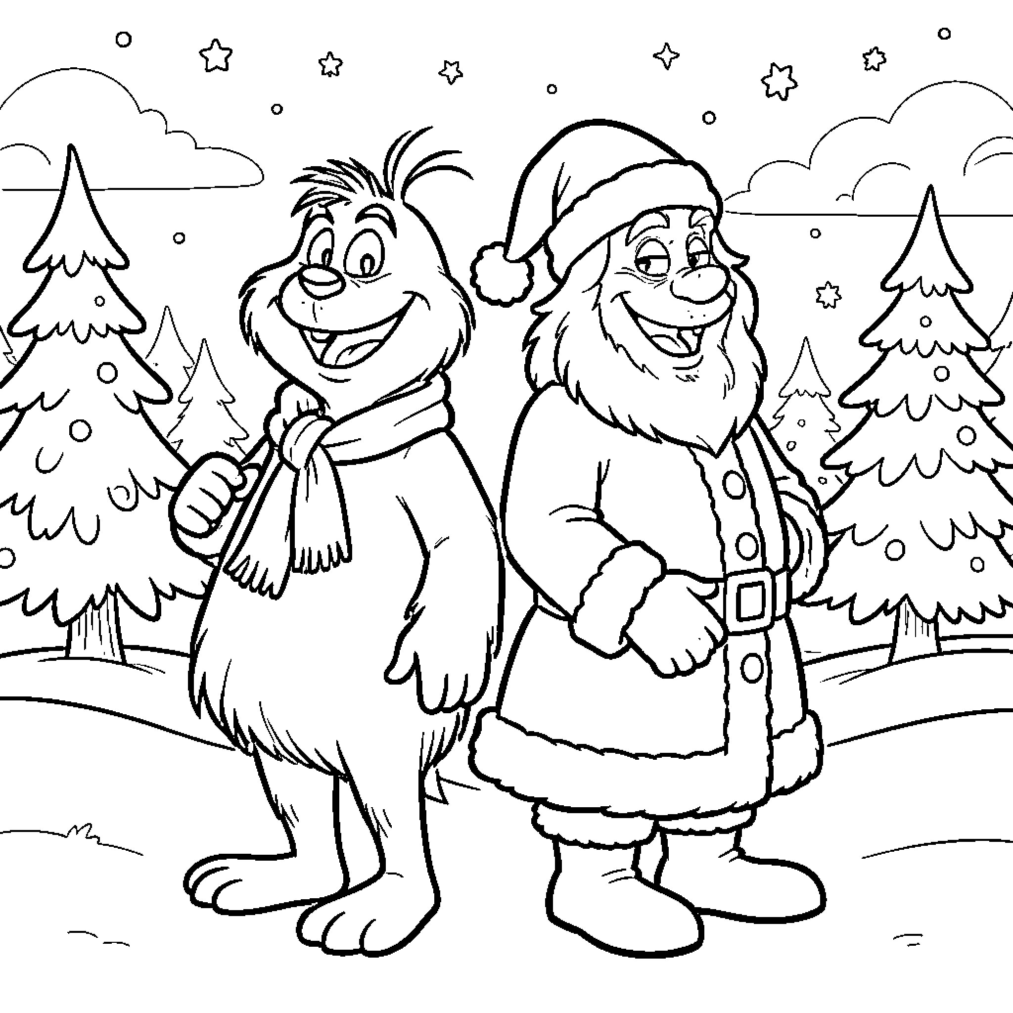 Grinch and Santa Claus standing together in a snowy forest Coloring Page (free black-and-white line drawing printable PDF for all, from beginners to advanced learners, including children, teens, adults, and seniors)