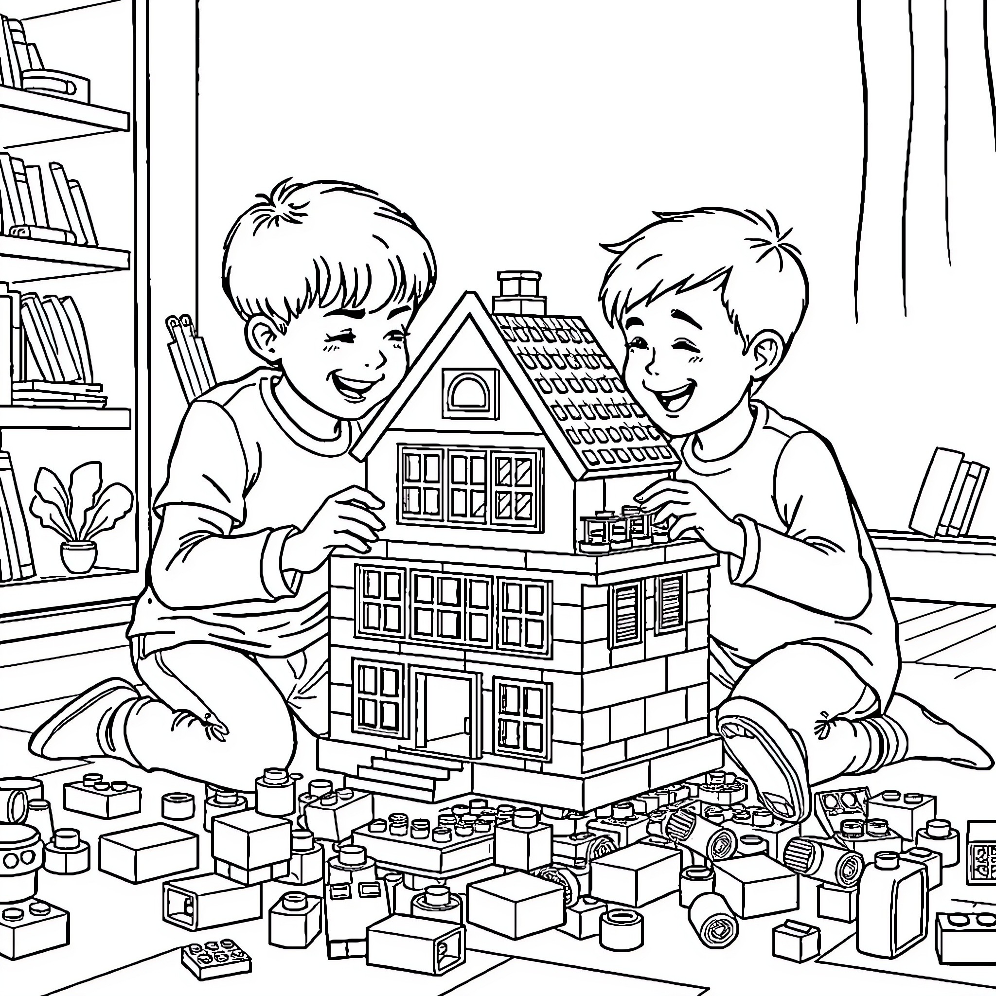Boys Building a Detailed Dollhouse Together Coloring Page (free black-and-white line drawing printable PDF for all, from beginners to advanced learners, including children, teens, adults, and seniors)