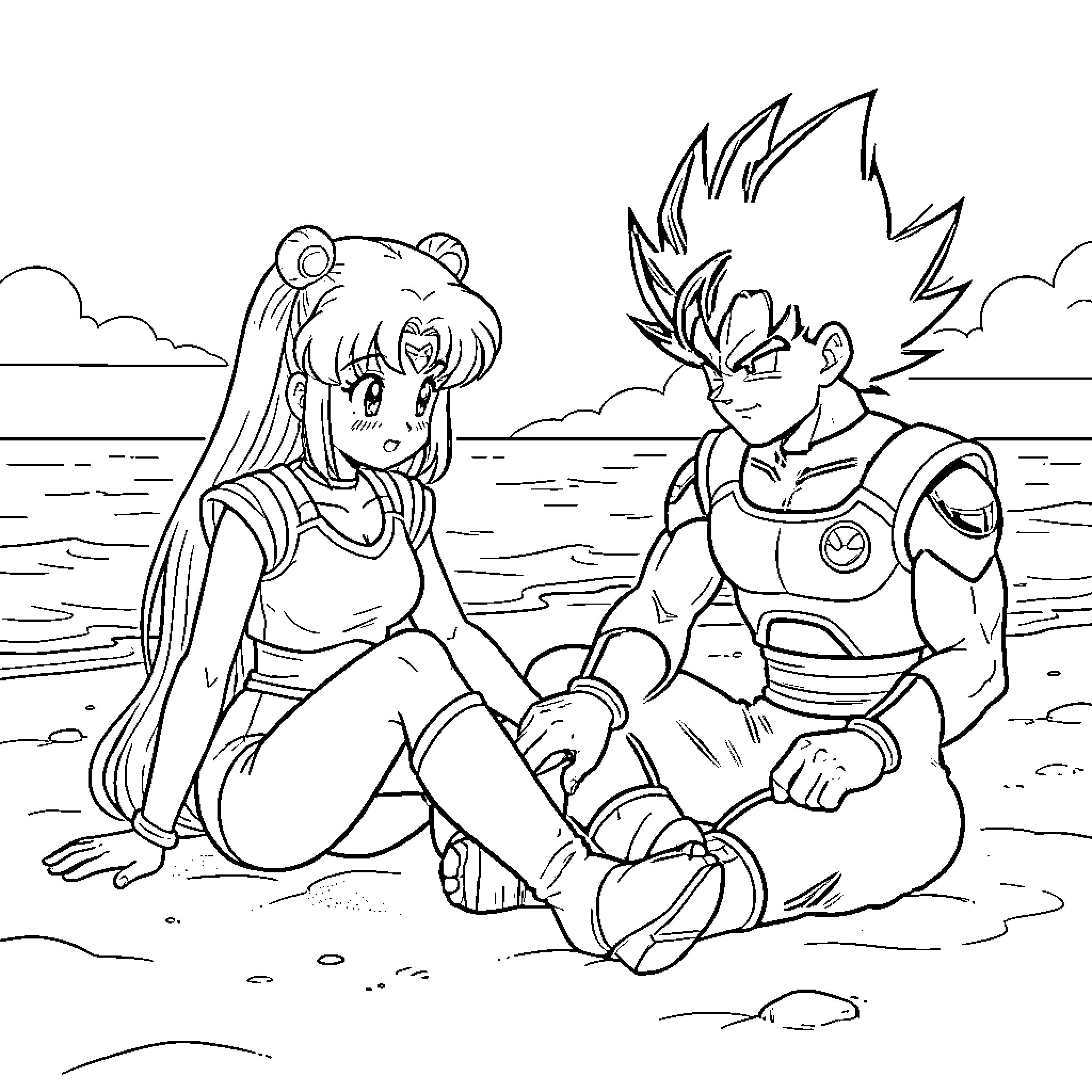 Sailormoon sitting on the beach with a male character Coloring Page (free black-and-white line drawing printable PDF for all, from beginners to advanced learners, including children, teens, adults, and seniors)