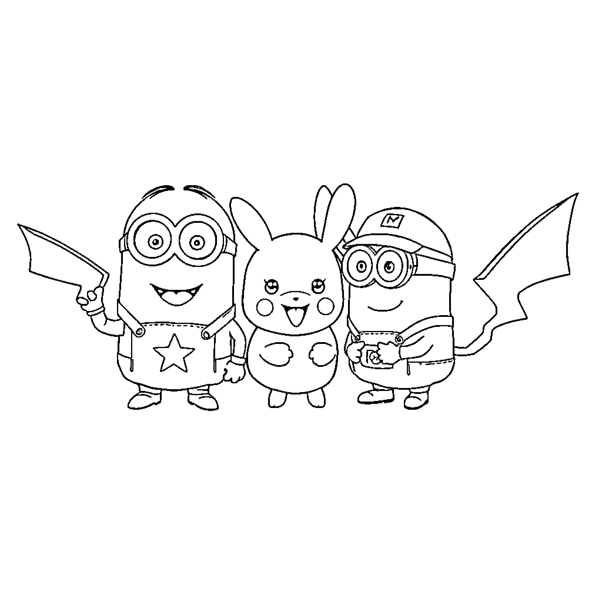 Minions playing and having fun together Coloring Page (free black-and-white line drawing printable PDF for all, from beginners to advanced learners, including children, teens, adults, and seniors)