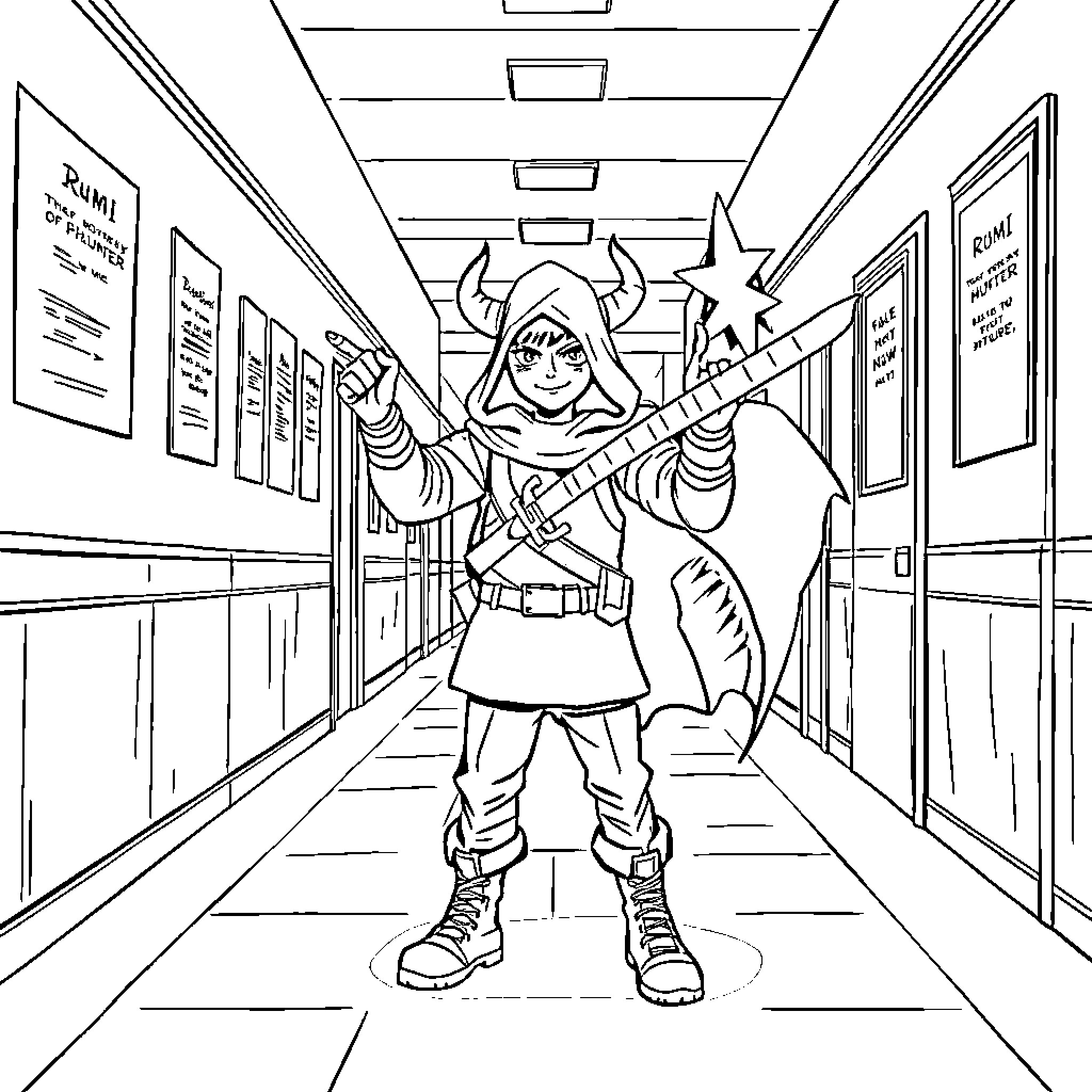 Demon Hunter Battles in the School Hallway Coloring Page (free black-and-white line drawing printable PDF for all, from beginners to advanced learners, including children, teens, adults, and seniors)