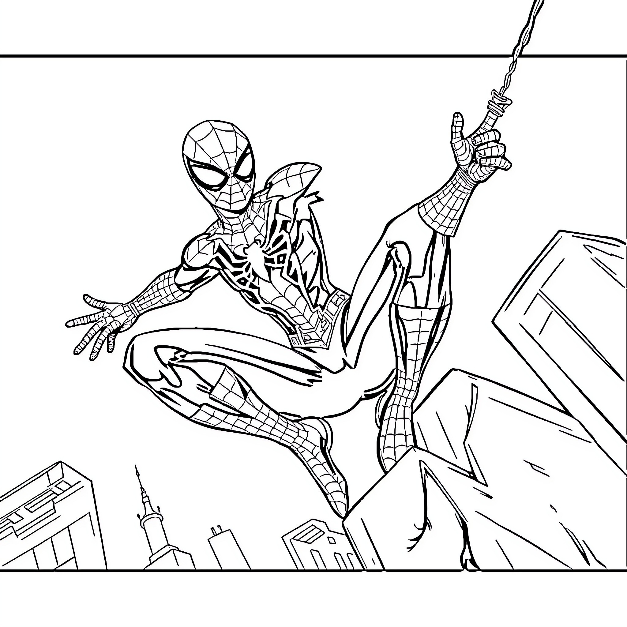 Spiderman swinging through the city skyline Coloring Page (free black-and-white line drawing printable PDF for all, from beginners to advanced learners, including children, teens, adults, and seniors)