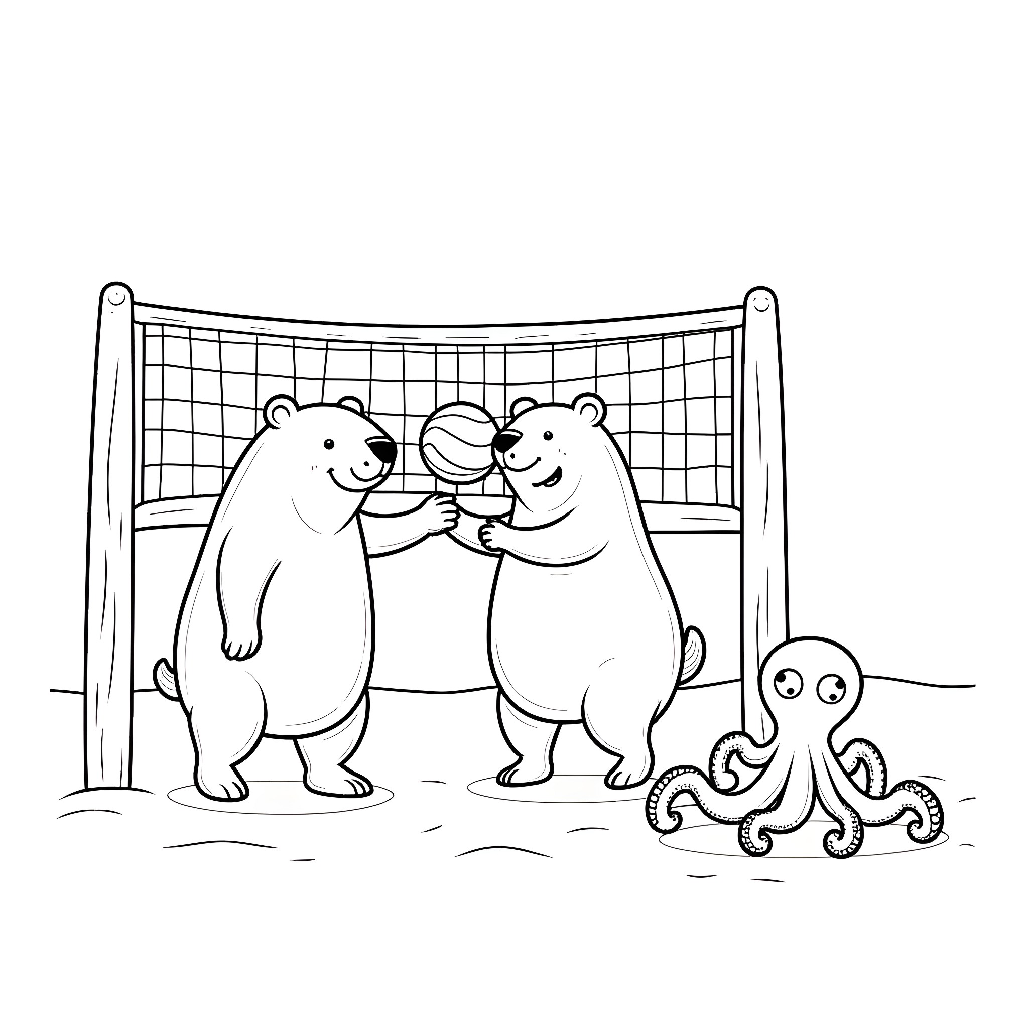 Capybara playing volleyball with friends in the aquarium Coloring Page (free black-and-white line drawing printable PDF for all, from beginners to advanced learners, including children, teens, adults, and seniors)
