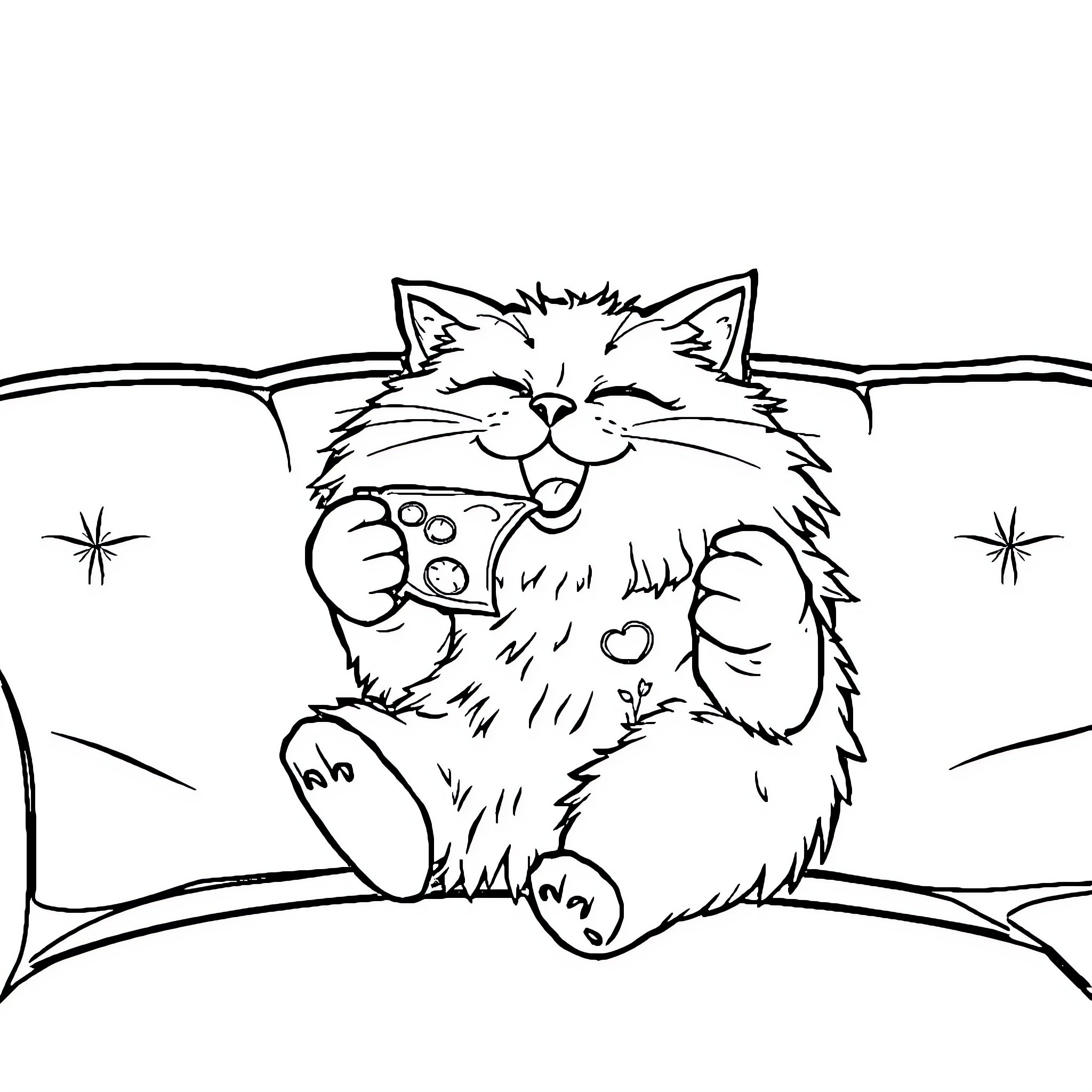 Cat playing video game on a couch Coloring Page (free black-and-white line drawing printable PDF for all, from beginners to advanced learners, including children, teens, adults, and seniors)