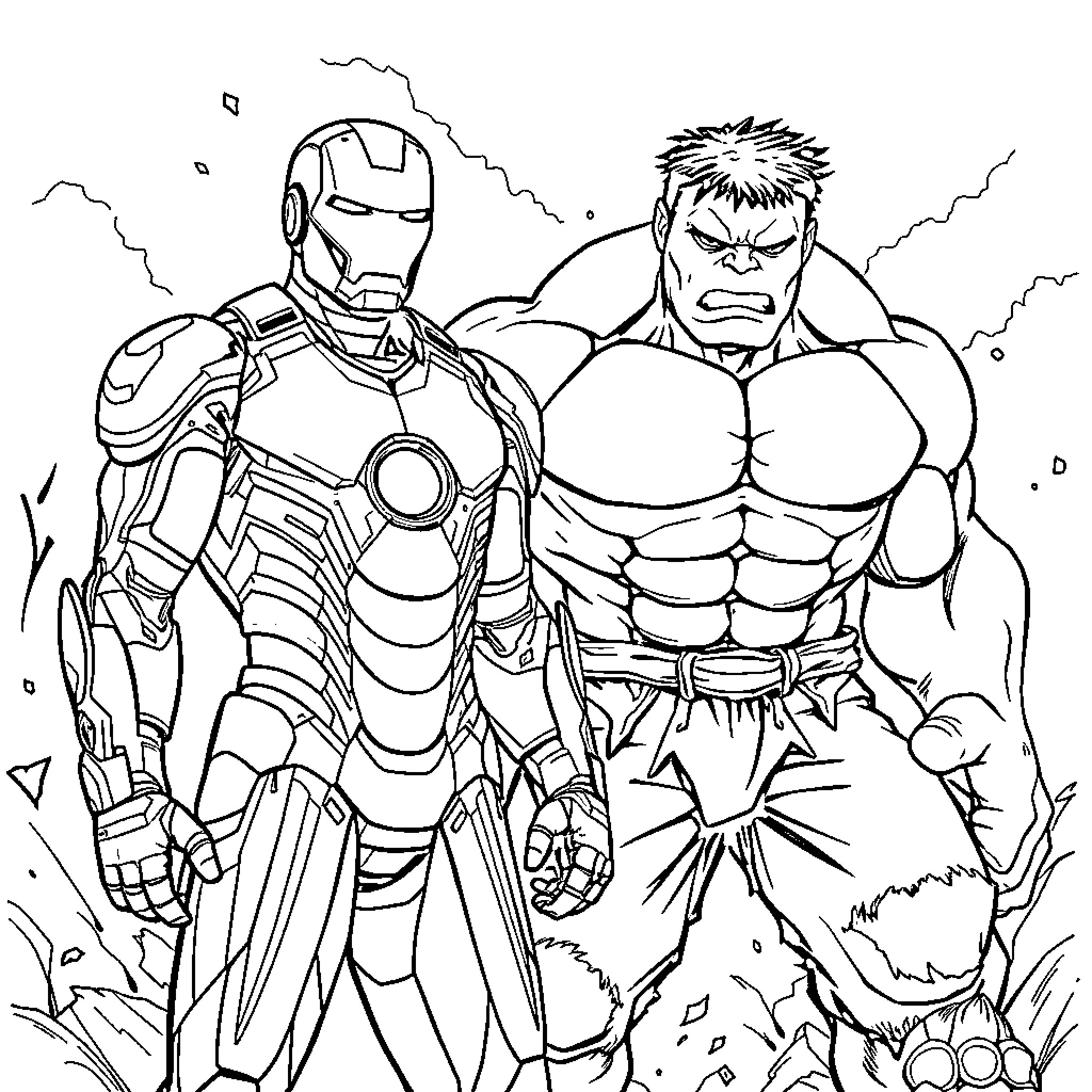 Iron Man and Hulk in epic action battle Coloring Page (free black-and-white line drawing printable PDF for all, from beginners to advanced learners, including children, teens, adults, and seniors)