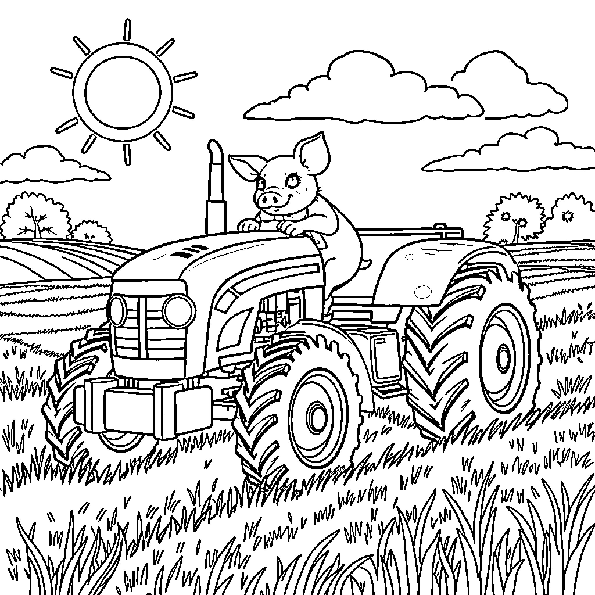 Spiderpig driving a tractor on a farm Coloring Page (free black-and-white line drawing printable PDF for all, from beginners to advanced learners, including children, teens, adults, and seniors)