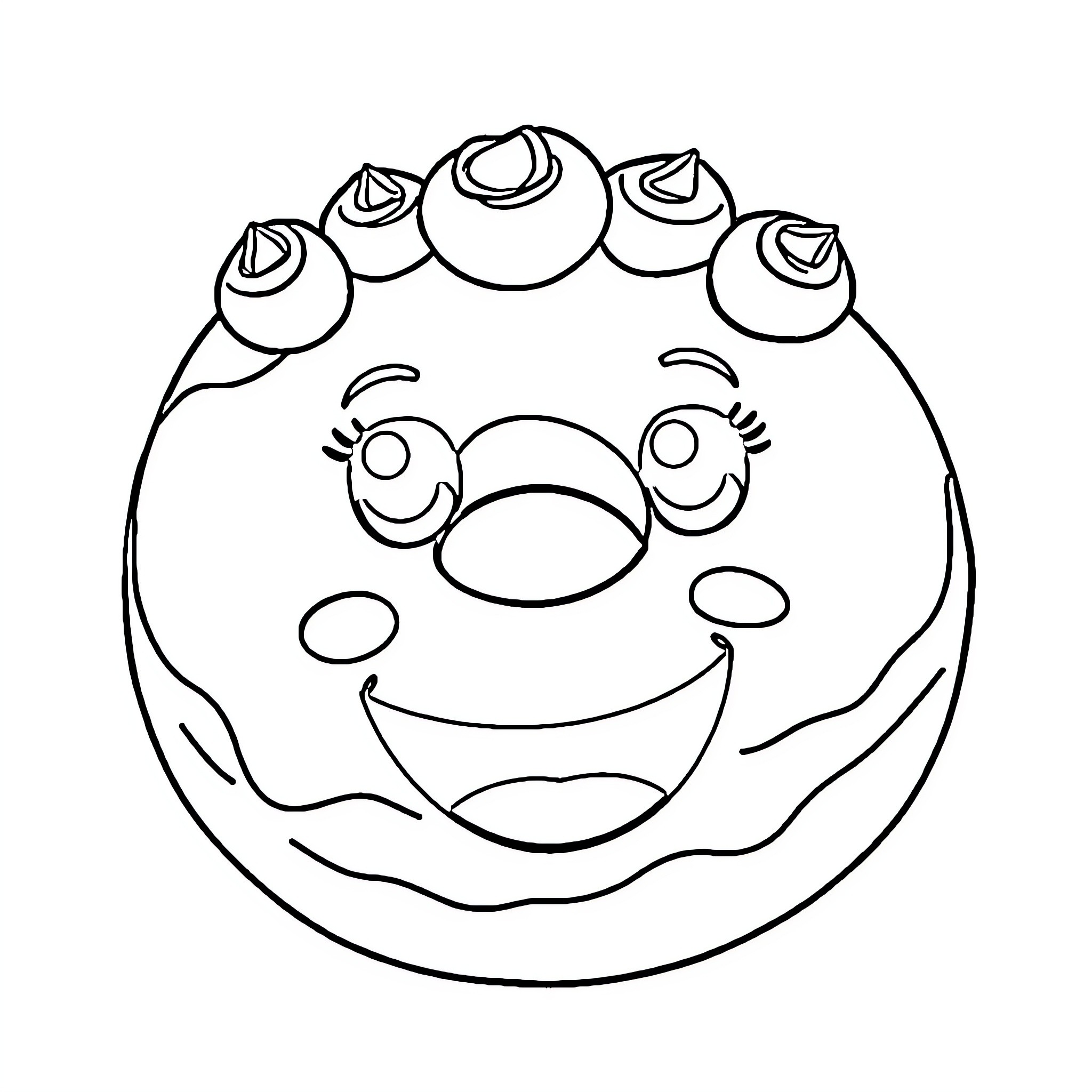 Donut with a happy smiling face Coloring Page (free black-and-white line drawing printable PDF for all, from beginners to advanced learners, including children, teens, adults, and seniors)