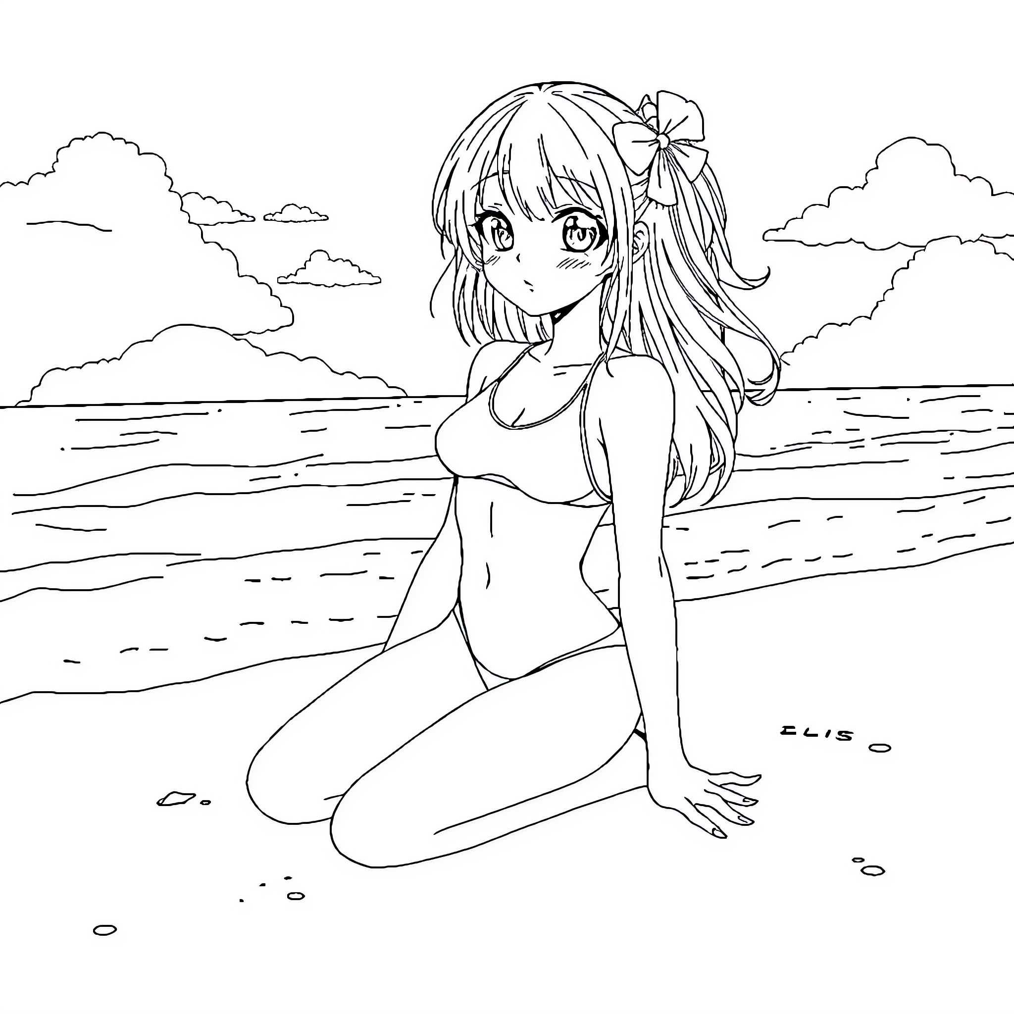 Anime Girl in Serene Beach Setting Coloring Page (free black-and-white line drawing printable PDF for all, from beginners to advanced learners, including children, teens, adults, and seniors)
