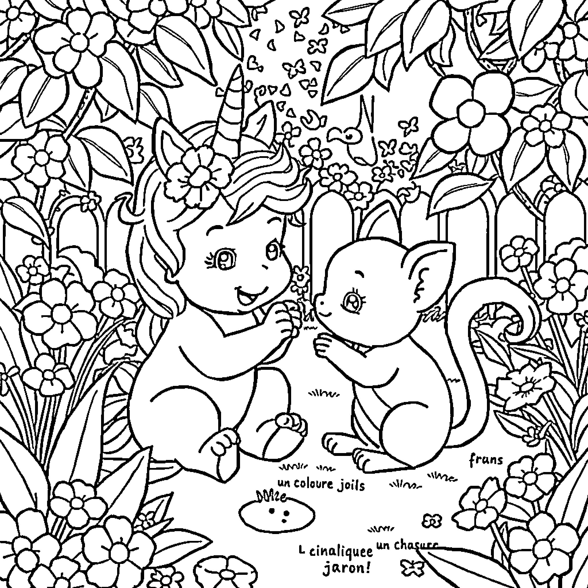 Licorne playing joyfully with friends in a floral meadow Coloring Page (free black-and-white line drawing printable PDF for all, from beginners to advanced learners, including children, teens, adults, and seniors)