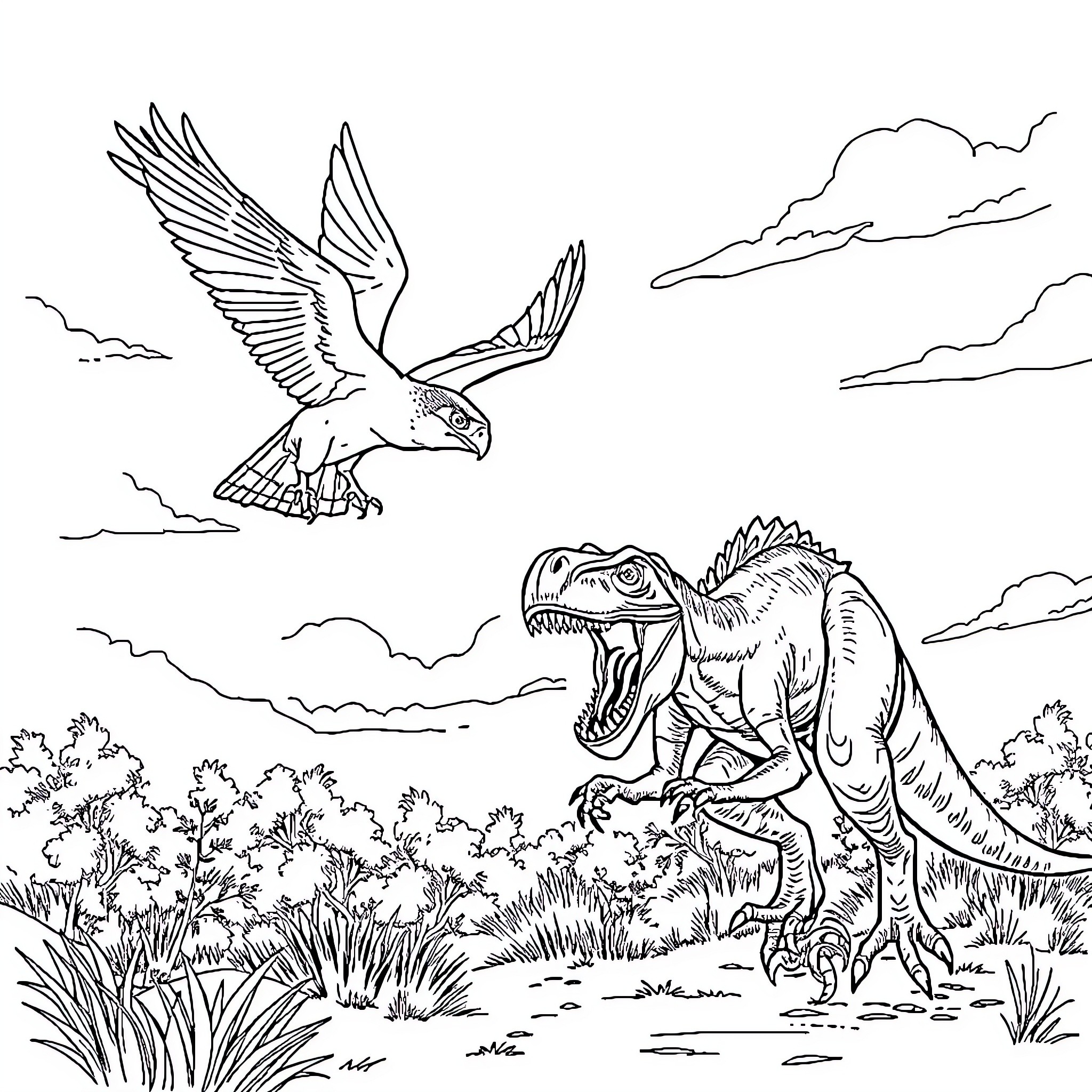 Peregrine Falcon soaring over a Tyrannosaurus Rex in a prehistoric landscape Coloring Page (free black-and-white line drawing printable PDF for all, from beginners to advanced learners, including children, teens, adults, and seniors)