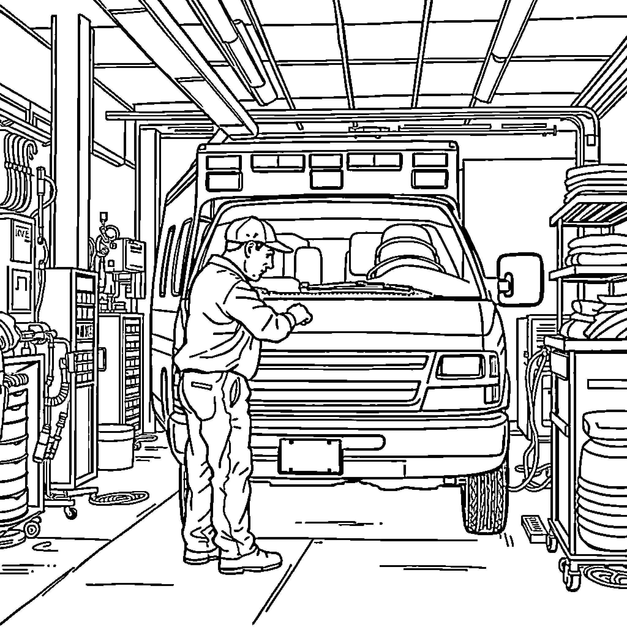 Mechanic Inspects and Repairs Vehicle in Garage Coloring Page (free black-and-white line drawing printable PDF for all, from beginners to advanced learners, including children, teens, adults, and seniors)