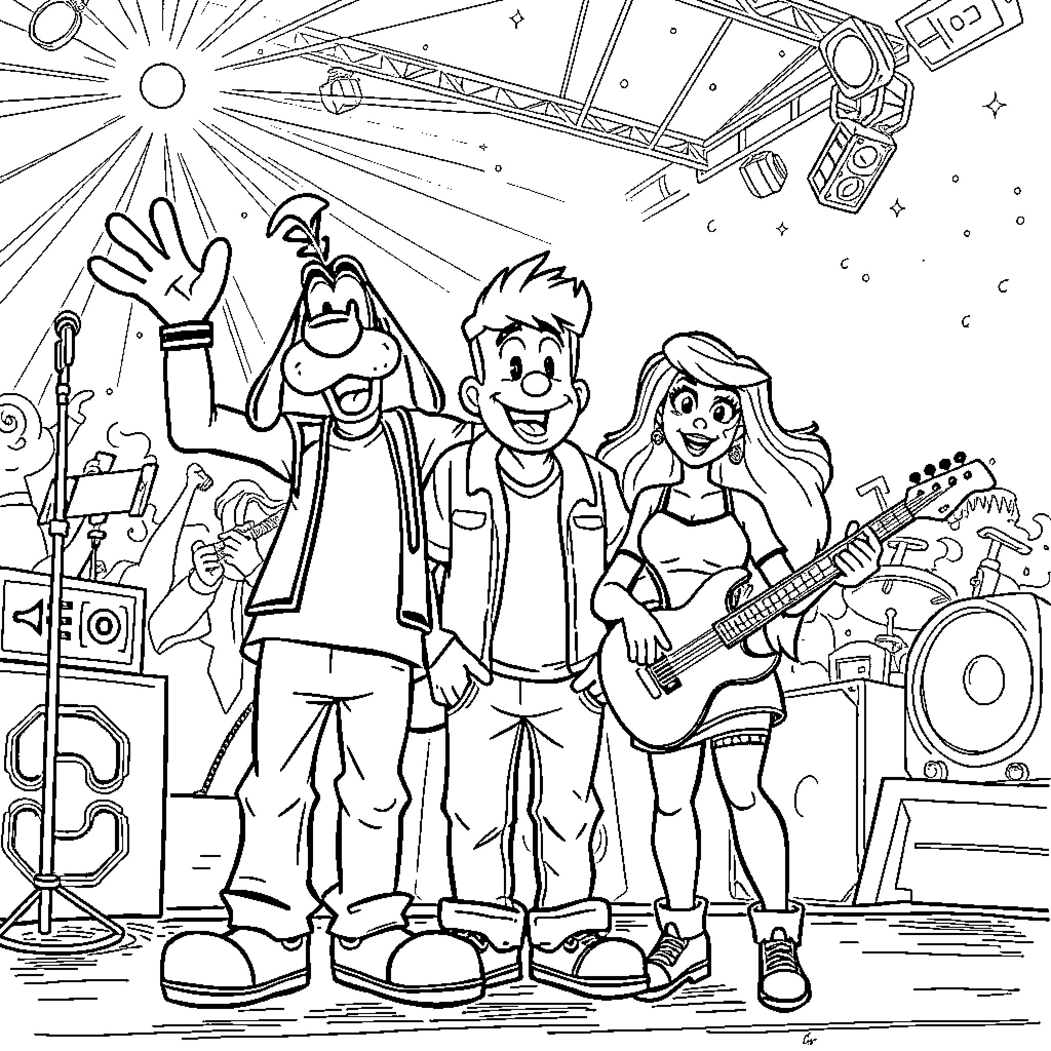 Goofy musicians having a fun concert performance Coloring Page (free black-and-white line drawing printable PDF for all, from beginners to advanced learners, including children, teens, adults, and seniors)