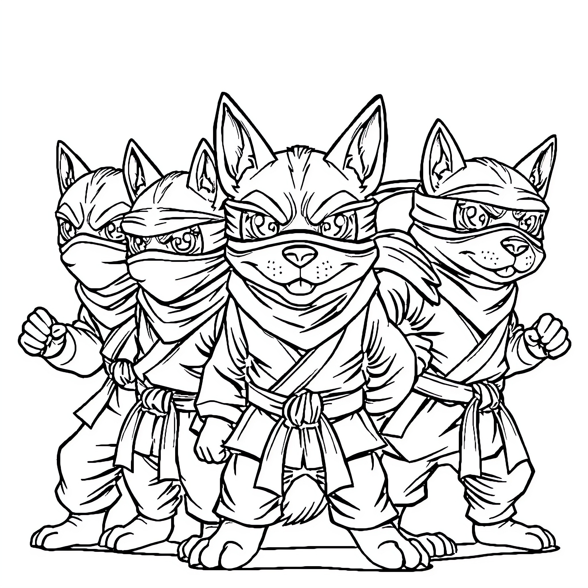 Ninja Dog Quartet in Martial Arts Poses Coloring Page (free black-and-white line drawing printable PDF for all, from beginners to advanced learners, including children, teens, adults, and seniors)