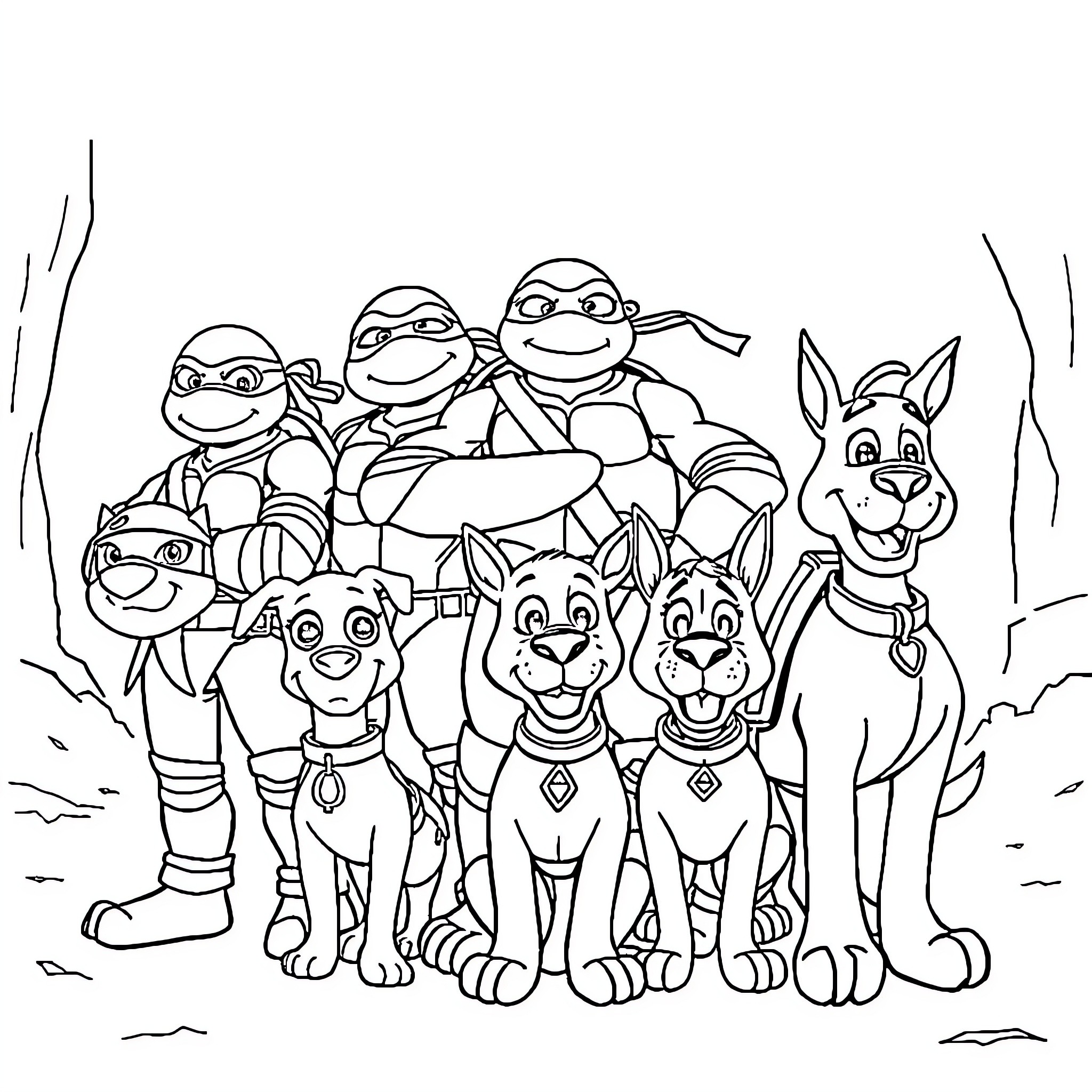 Ninja Turtle heroes and their animal companions Coloring Page (free black-and-white line drawing printable PDF for all, from beginners to advanced learners, including children, teens, adults, and seniors)