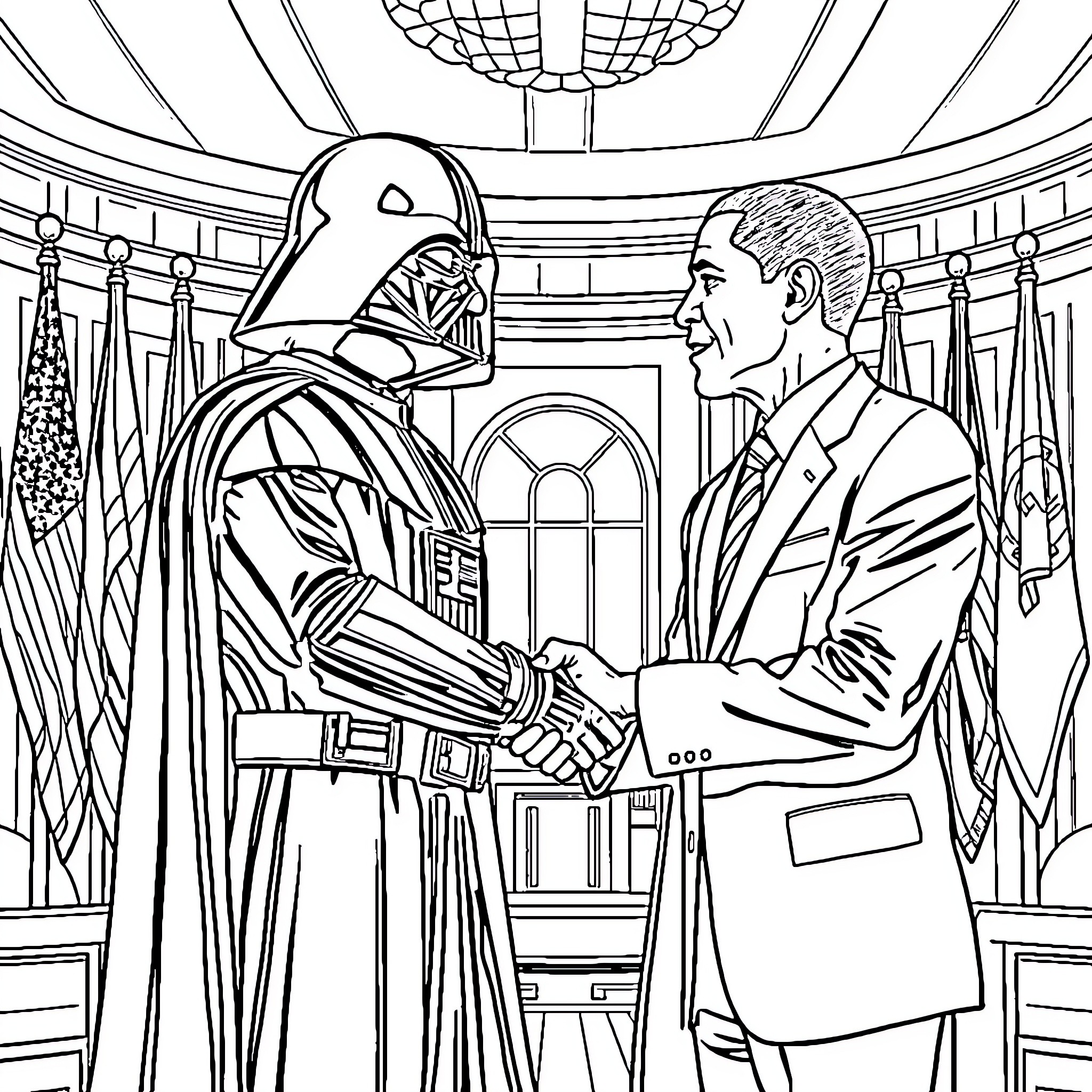 Darth Vader shaking hands with a suit-wearing man Coloring Page (free black-and-white line drawing printable PDF for all, from beginners to advanced learners, including children, teens, adults, and seniors)