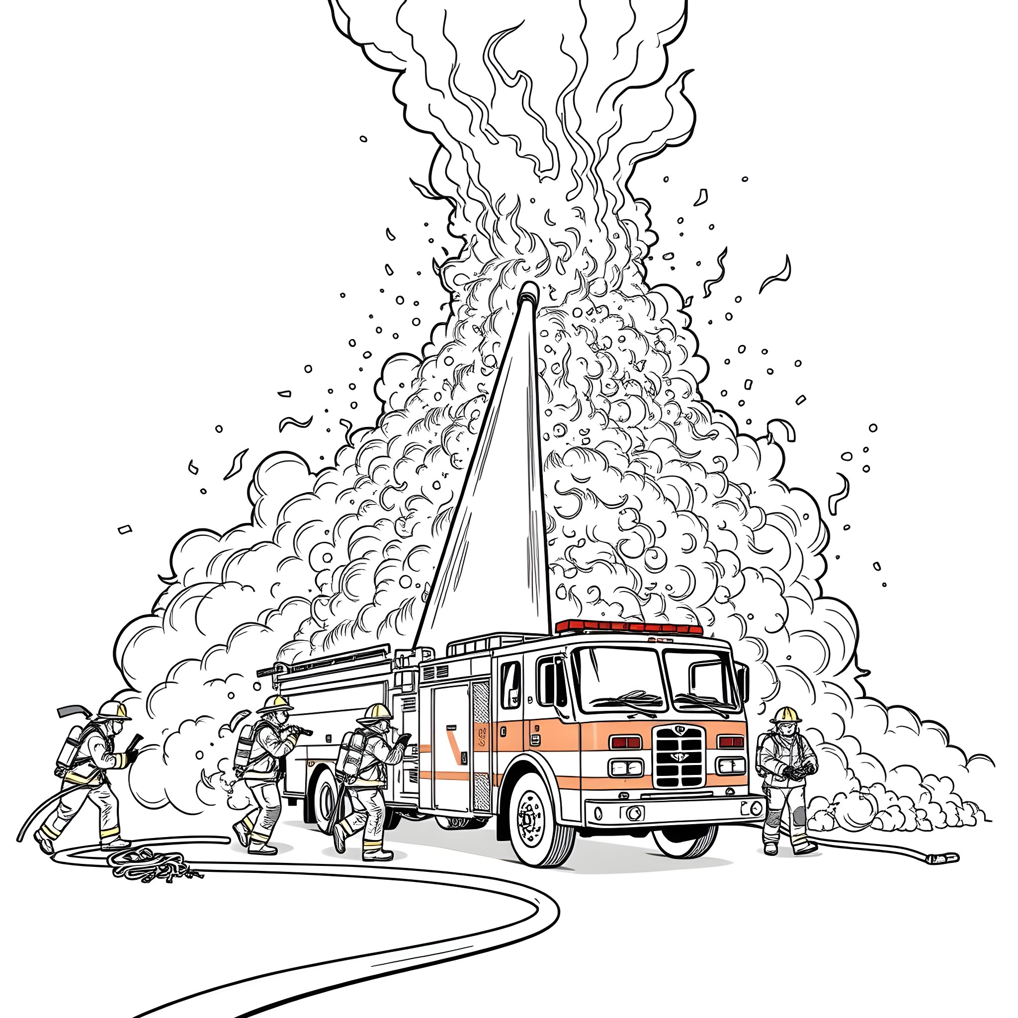 Firefighters battling a blaze with an emergency vehicle Coloring Page (free black-and-white line drawing printable PDF for all, from beginners to advanced learners, including children, teens, adults, and seniors)