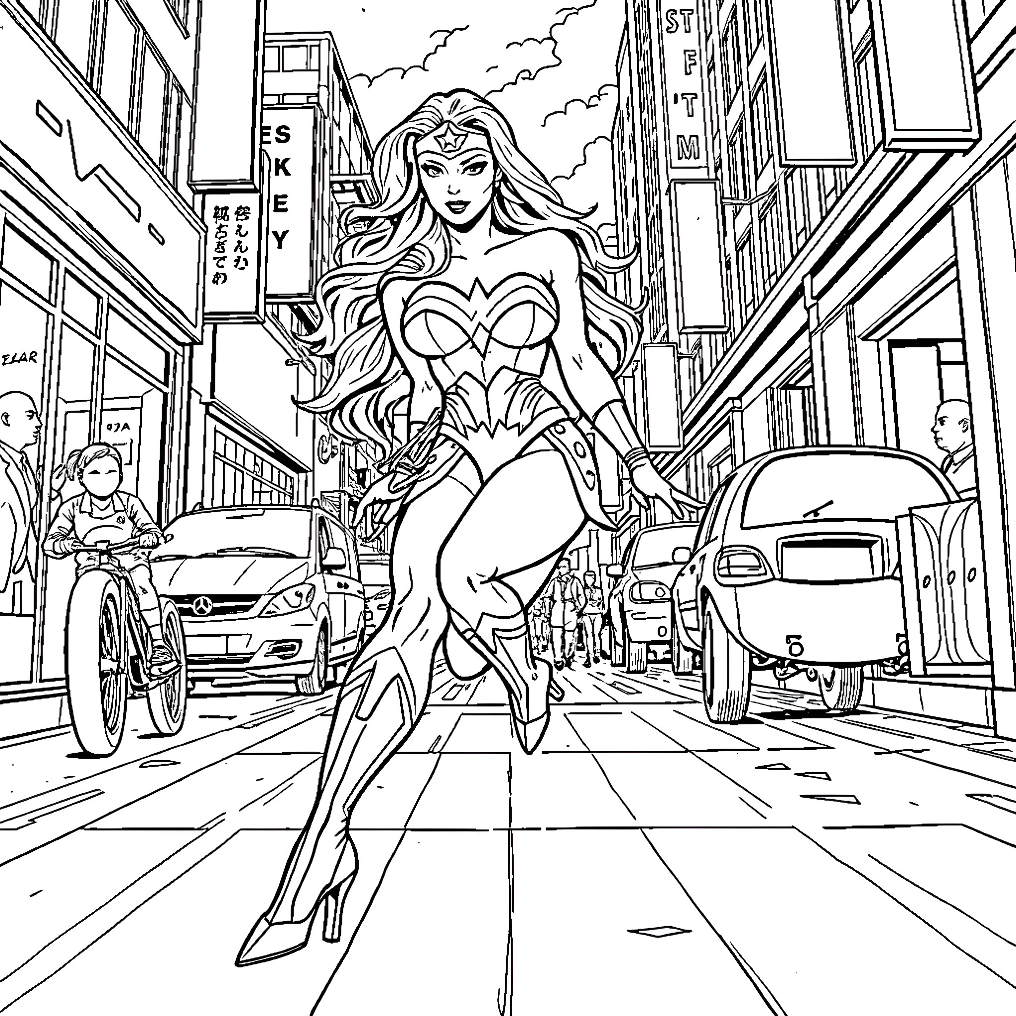 Wonder Woman in action on a city street Coloring Page (free black-and-white line drawing printable PDF for all, from beginners to advanced learners, including children, teens, adults, and seniors)