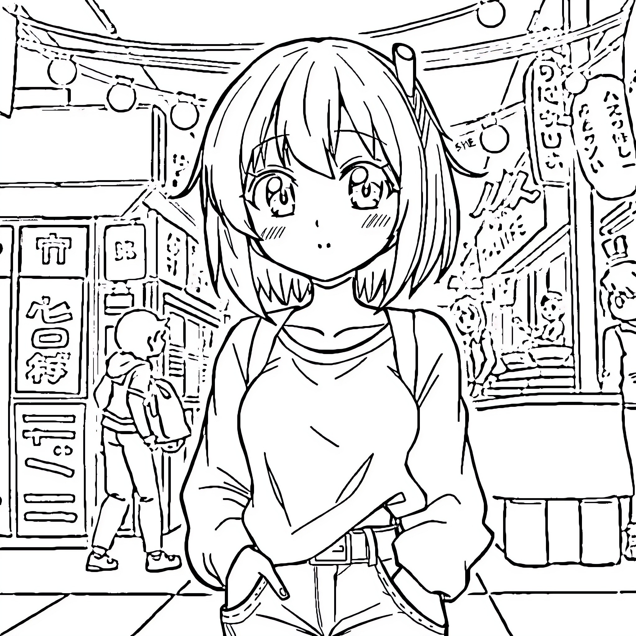 Momo Ayase exploring a vibrant and busy city Coloring Page (free black-and-white line drawing printable PDF for all, from beginners to advanced learners, including children, teens, adults, and seniors)