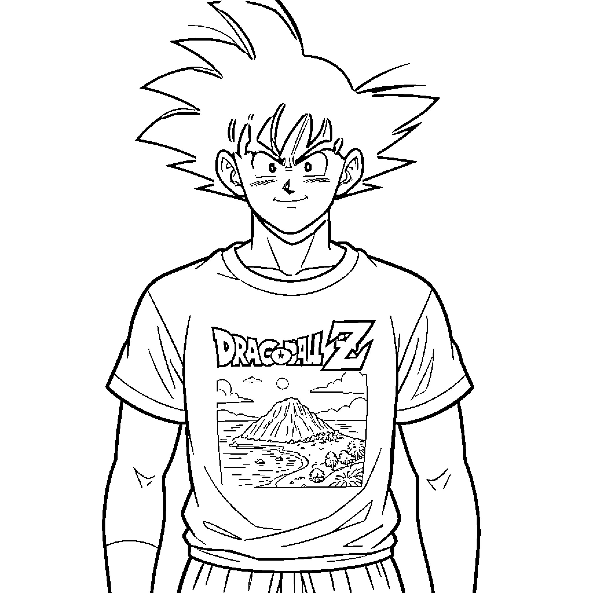 Sangoku smiling while wearing a Dragon Ball Z t-shirt Coloring Page (free black-and-white line drawing printable PDF for all, from beginners to advanced learners, including children, teens, adults, and seniors)