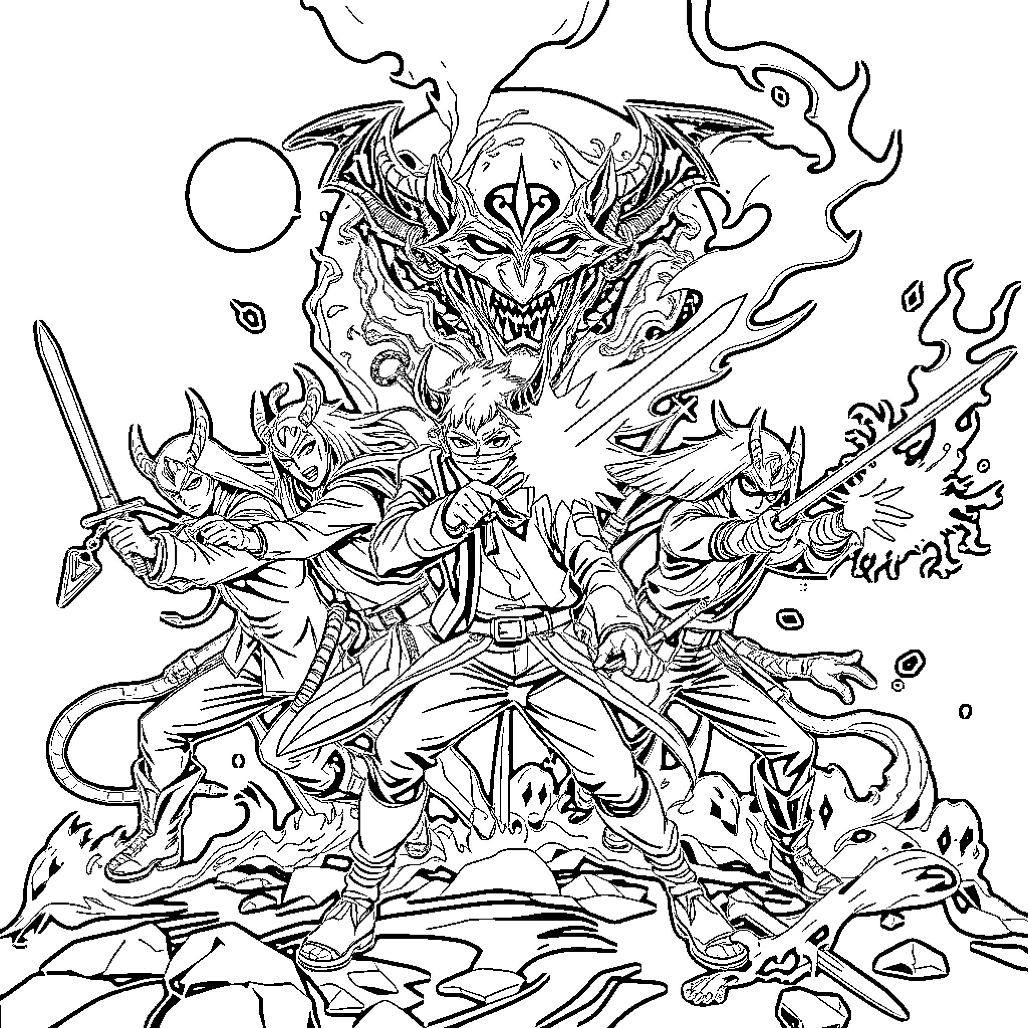 Demon Slayer Battling Fierce Spirits Coloring Page (free black-and-white line drawing printable PDF for all, from beginners to advanced learners, including children, teens, adults, and seniors)